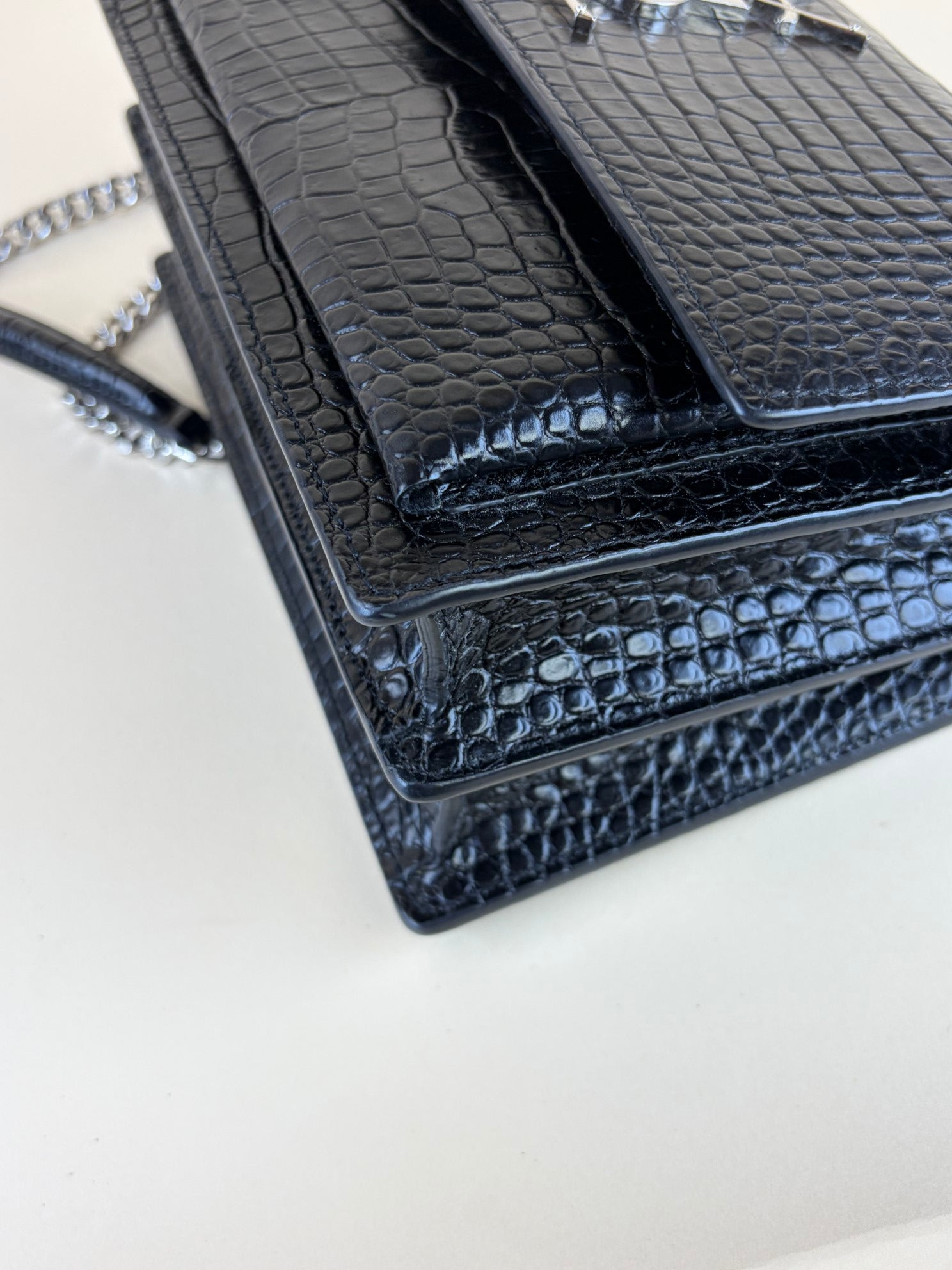 YSL black sunset crocodile medium shoulder bag