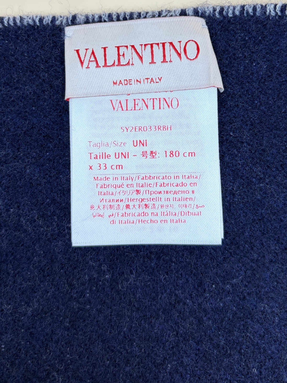 Valentino navy/grey V logo signature feayed edge wool cashmere scarf