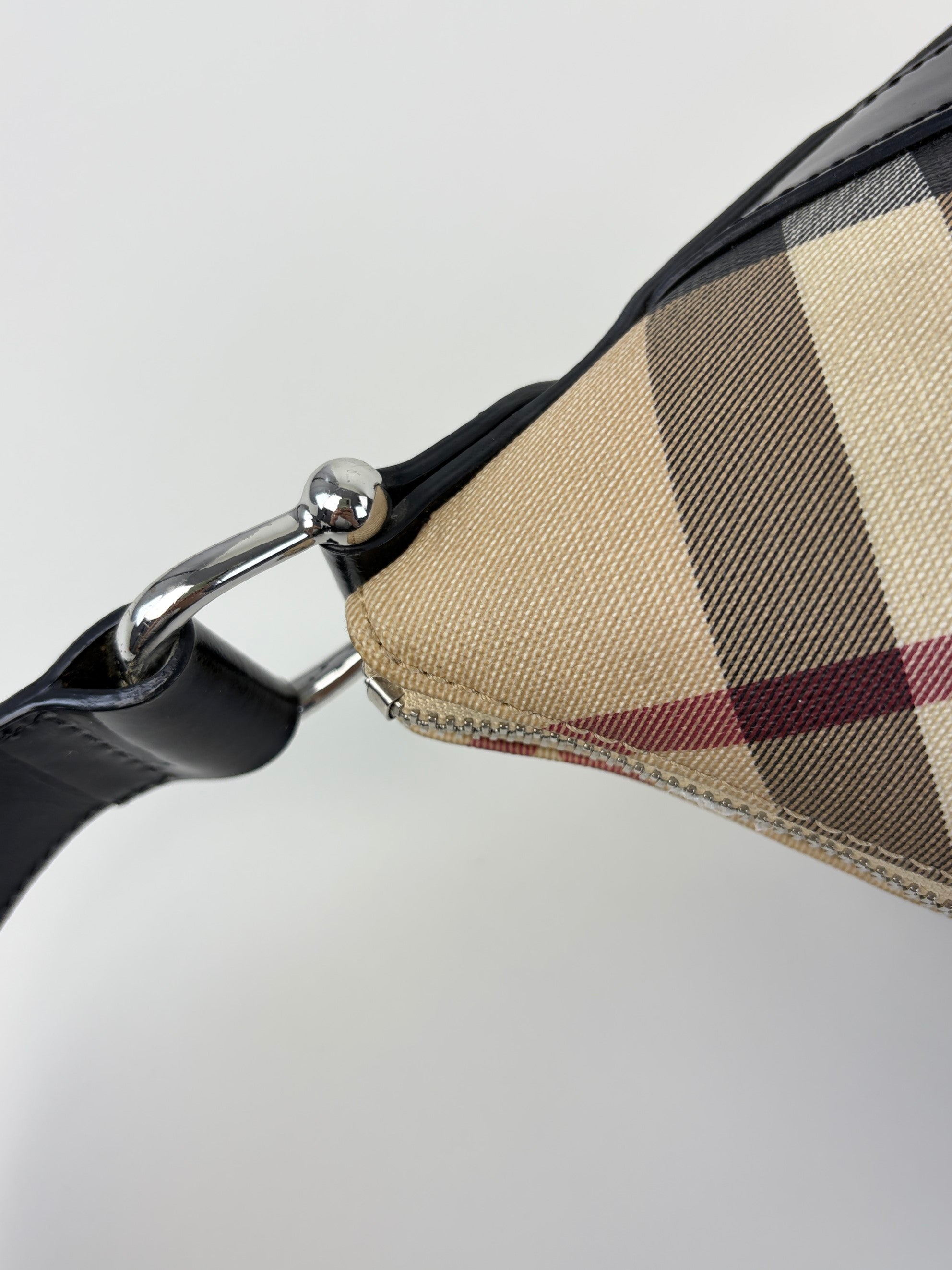 Burberry black leather nova check coated canvas buckle hobo bag