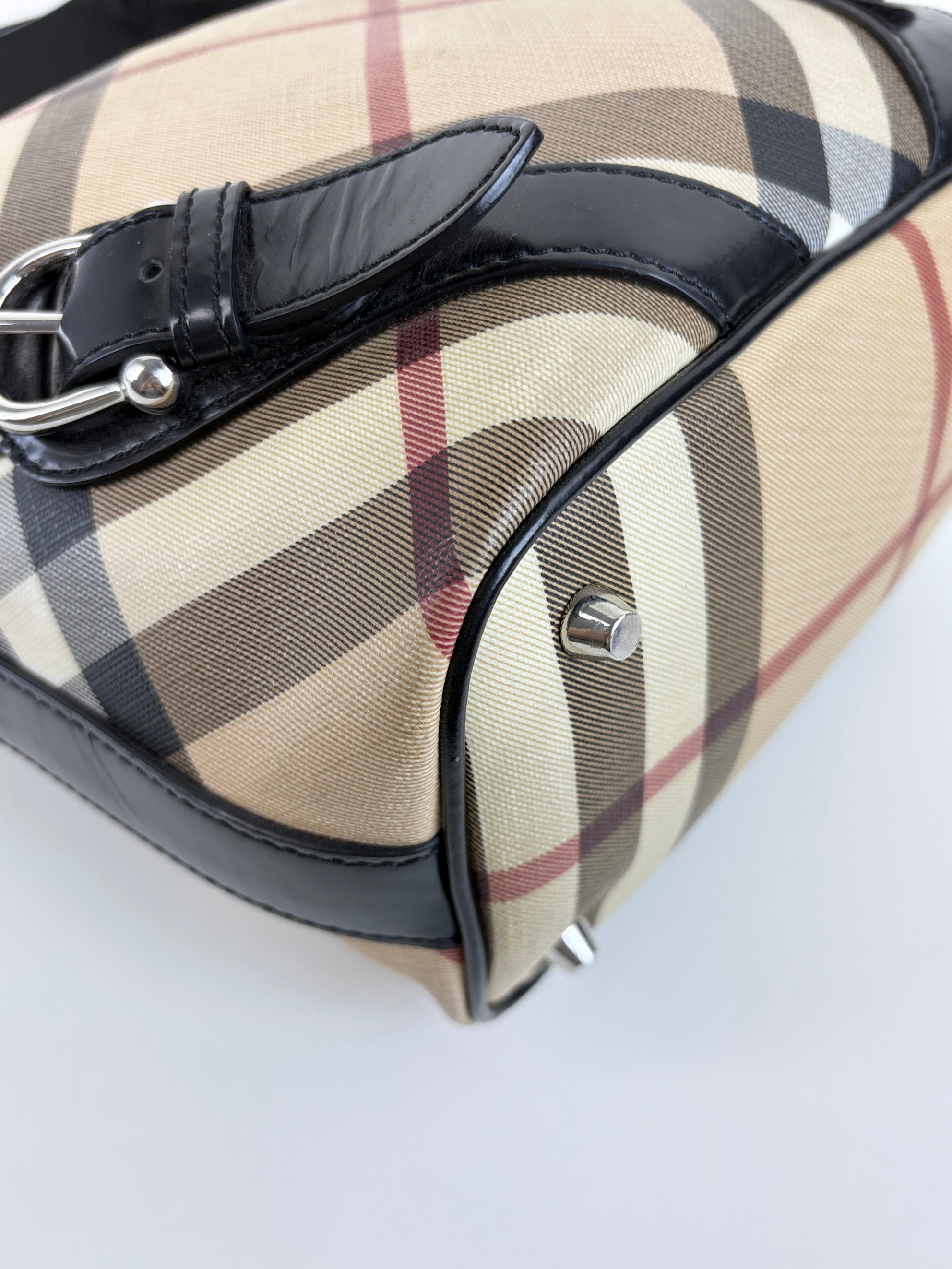 Burberry black leather nova check coated canvas buckle hobo bag