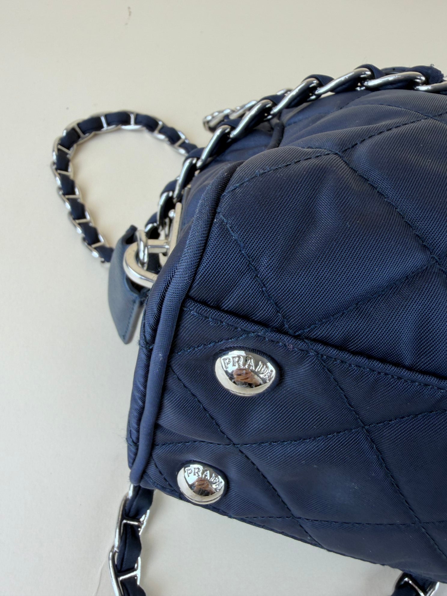 Prada Tessuto in puntu flap chain navy nylon