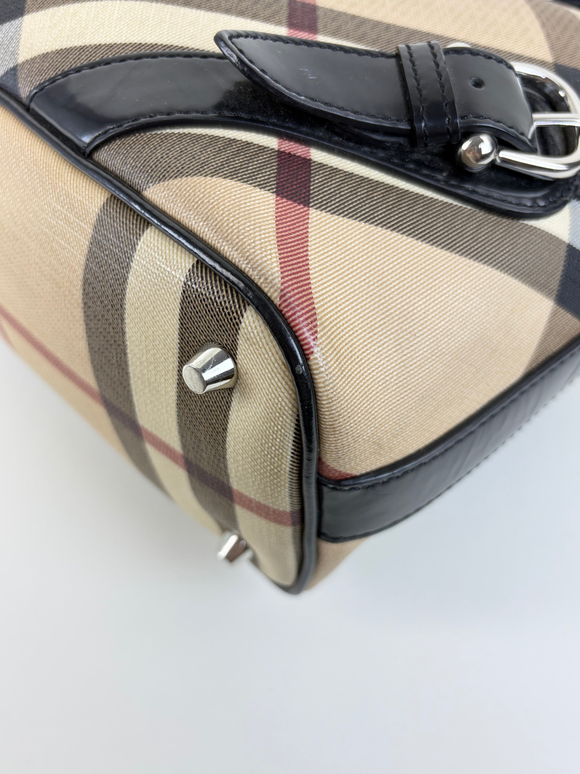 Burberry black leather nova check coated canvas buckle hobo bag