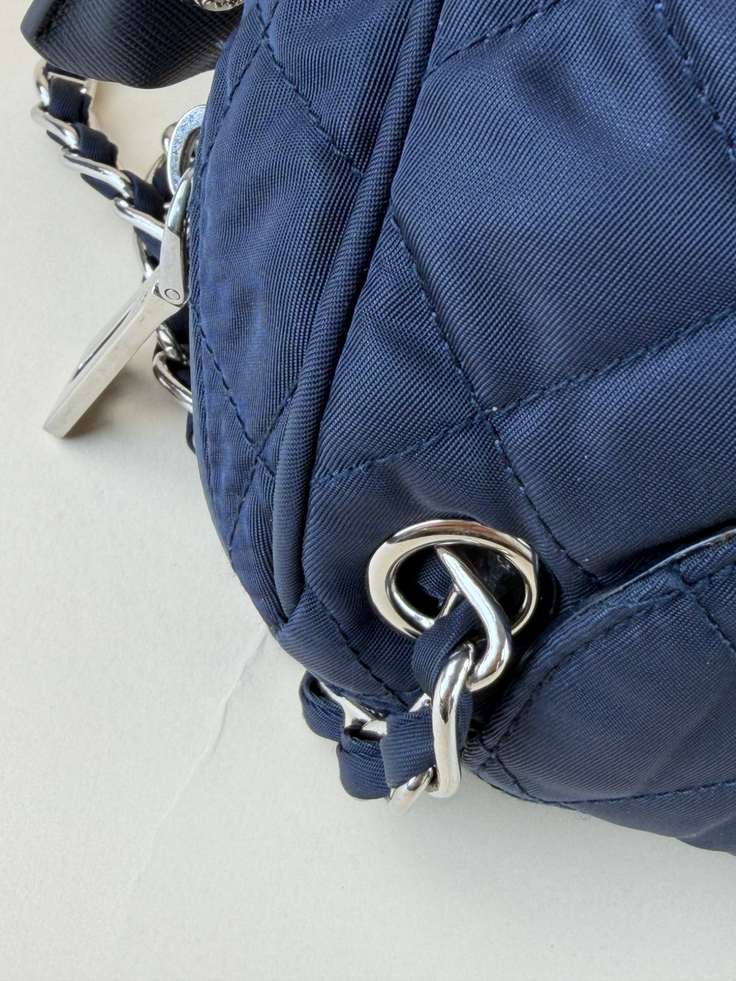 Prada Tessuto in puntu flap chain navy nylon