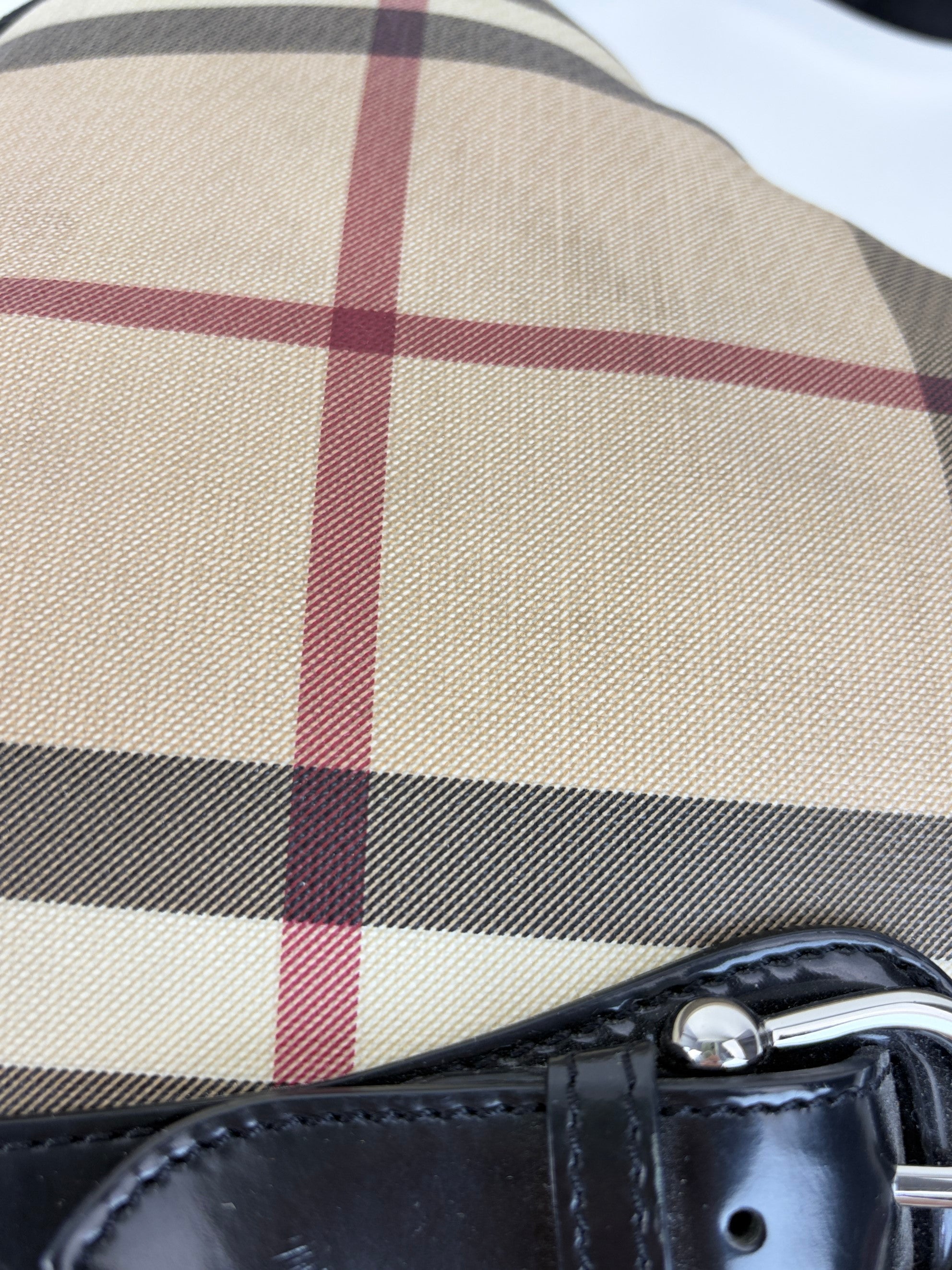 Burberry black leather nova check coated canvas buckle hobo bag