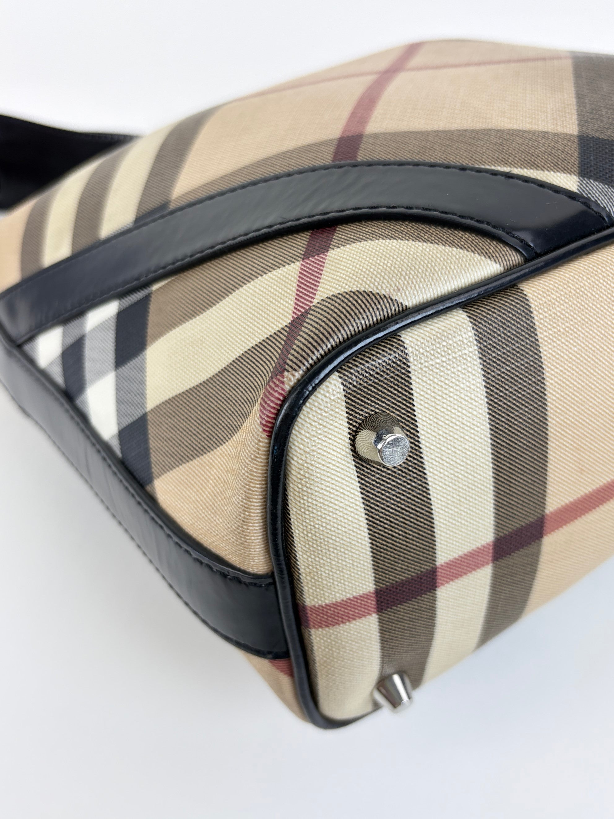 Burberry black leather nova check coated canvas buckle hobo bag