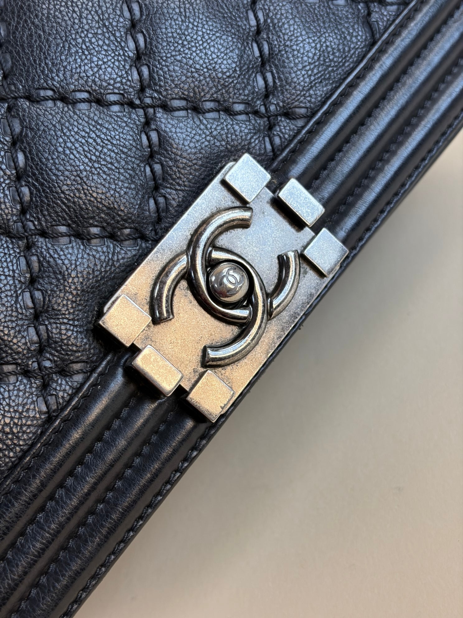 Chanel black boy calfskin double stitch medium flap bag