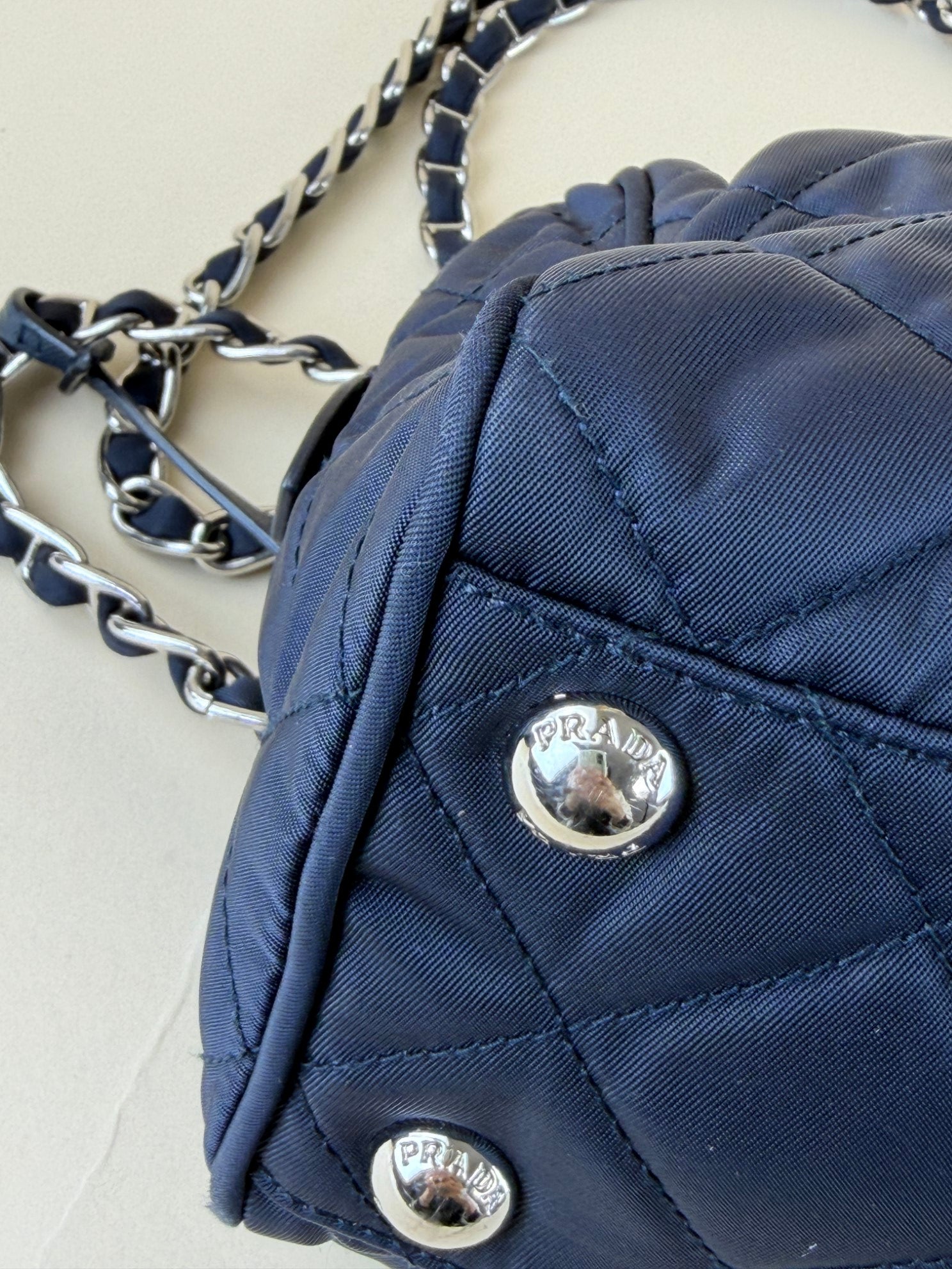 Prada Tessuto in puntu flap chain navy nylon