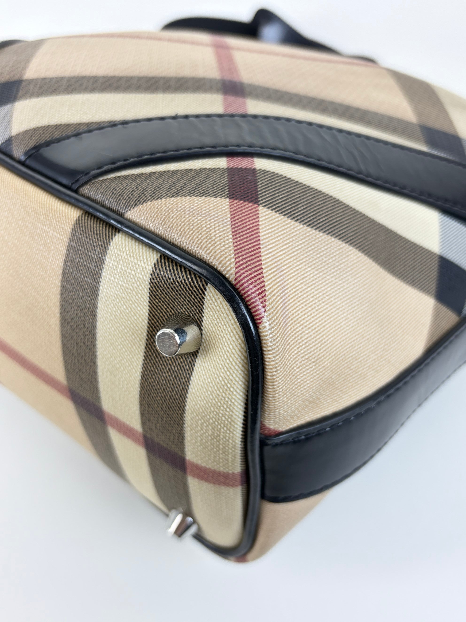 Burberry black leather nova check coated canvas buckle hobo bag
