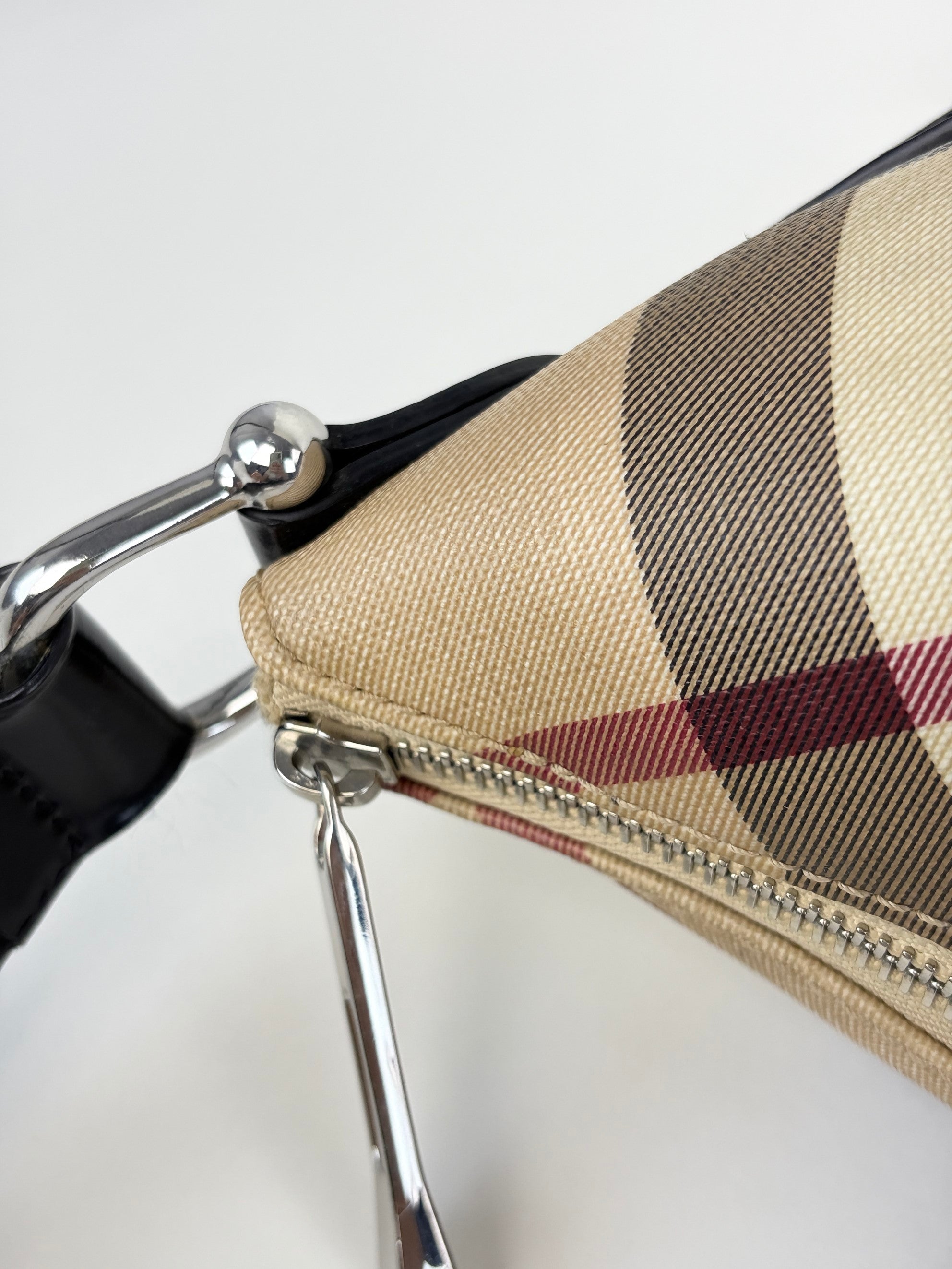 Burberry black leather nova check coated canvas buckle hobo bag
