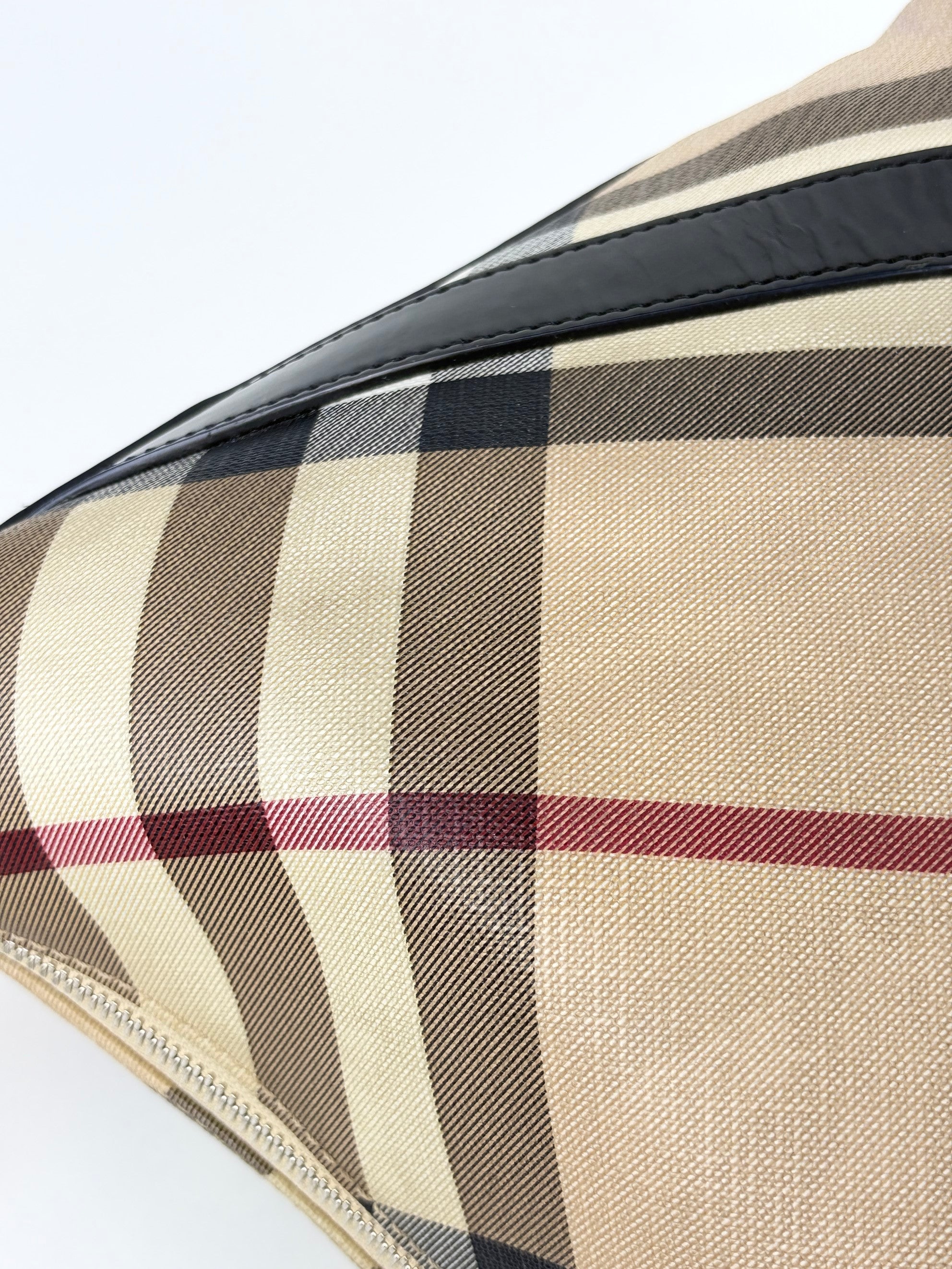 Burberry black leather nova check coated canvas buckle hobo bag