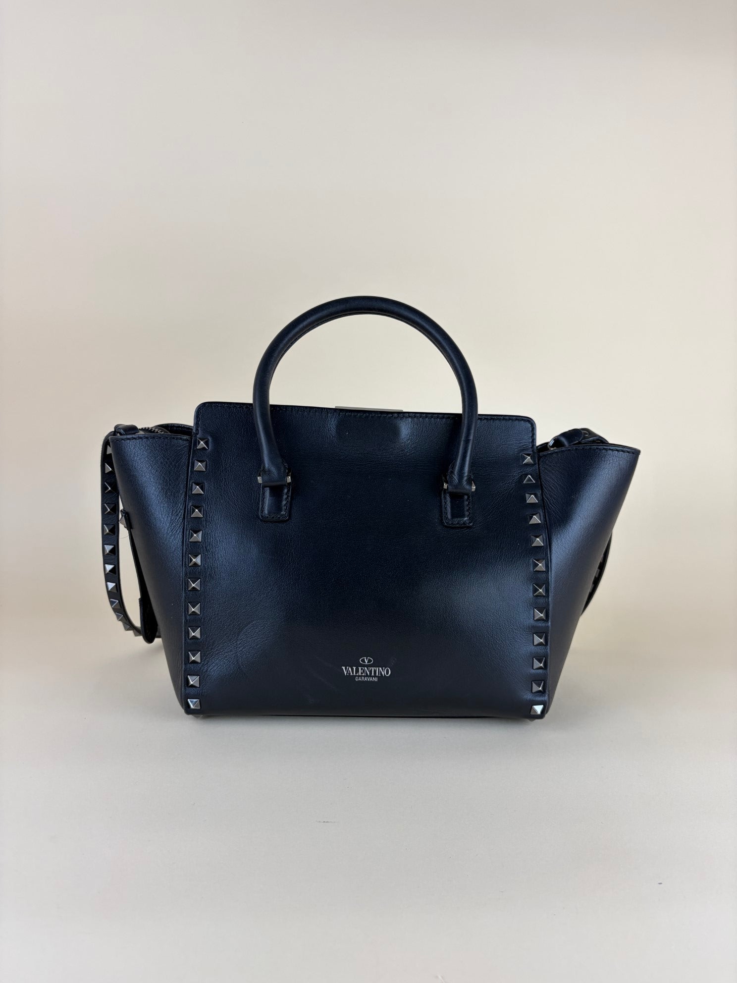 Valentino Black Small rock stud double handle tote bag