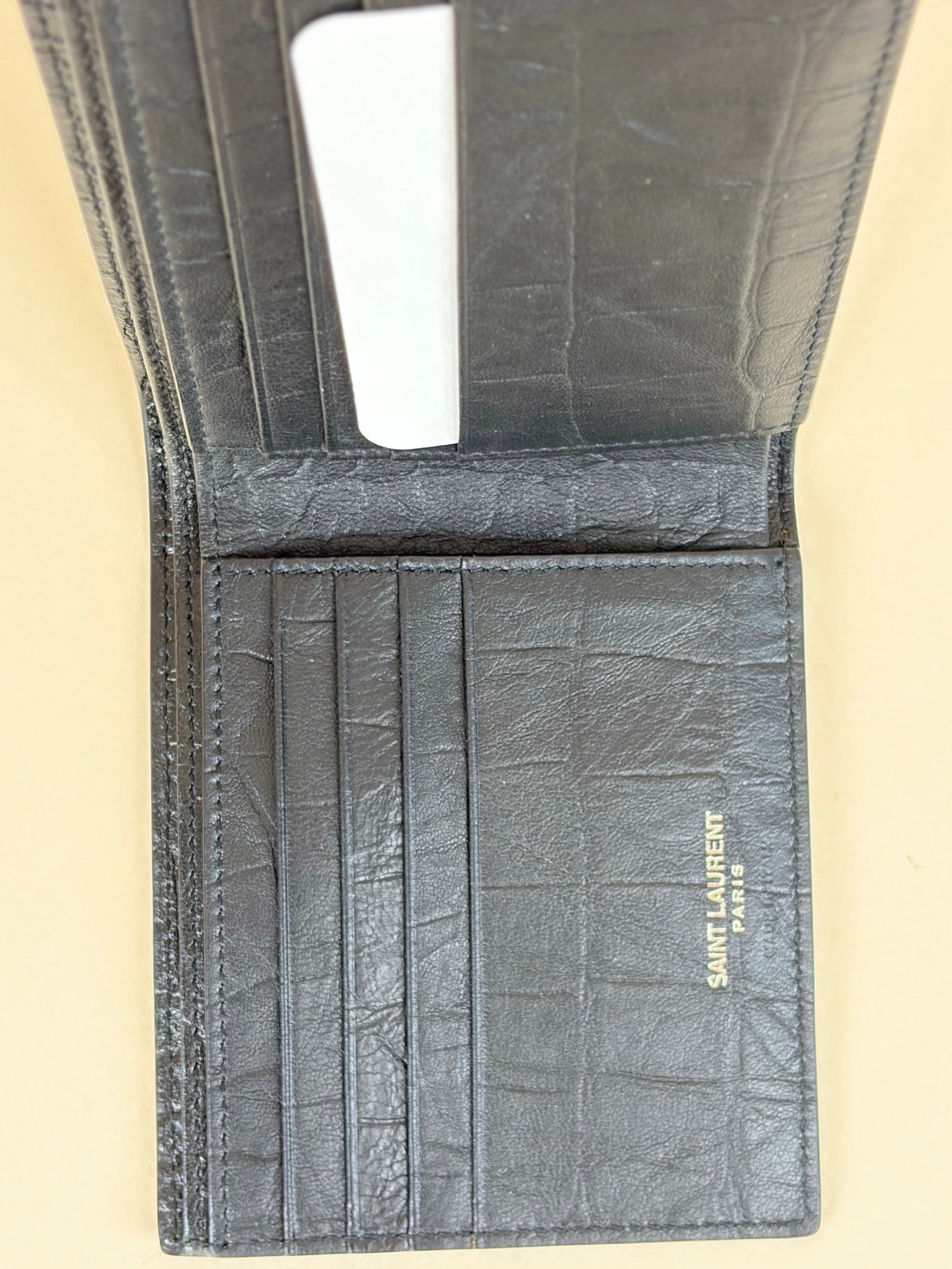 YSL Black Monogram Cassandre Crocodile Embossed Wallet