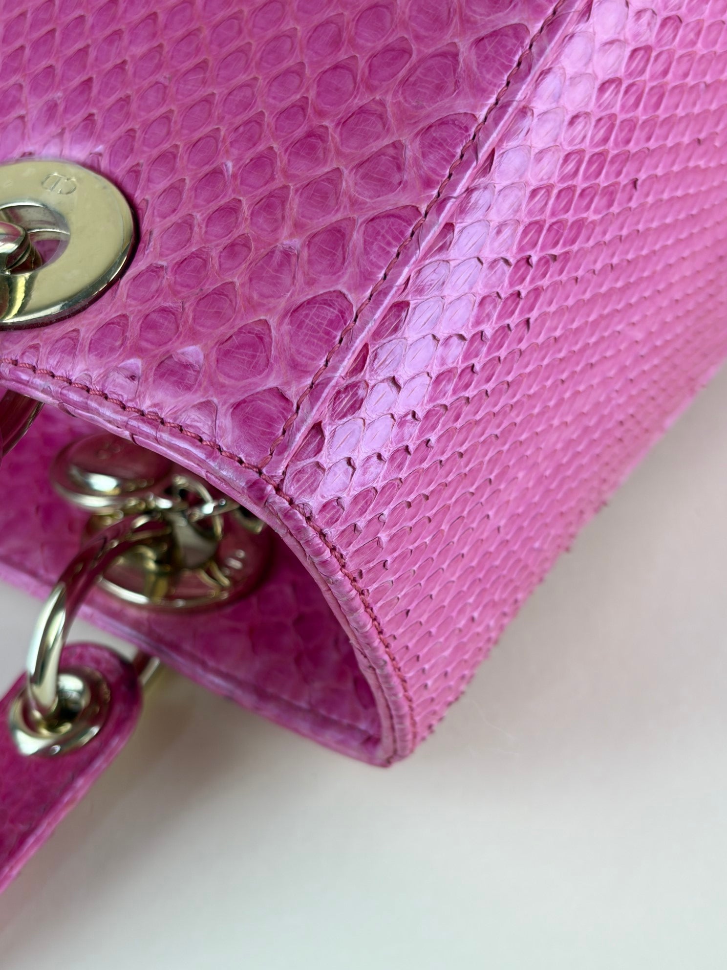 Christian Dior Pink Medium Lady Dior Python Bag with Strap