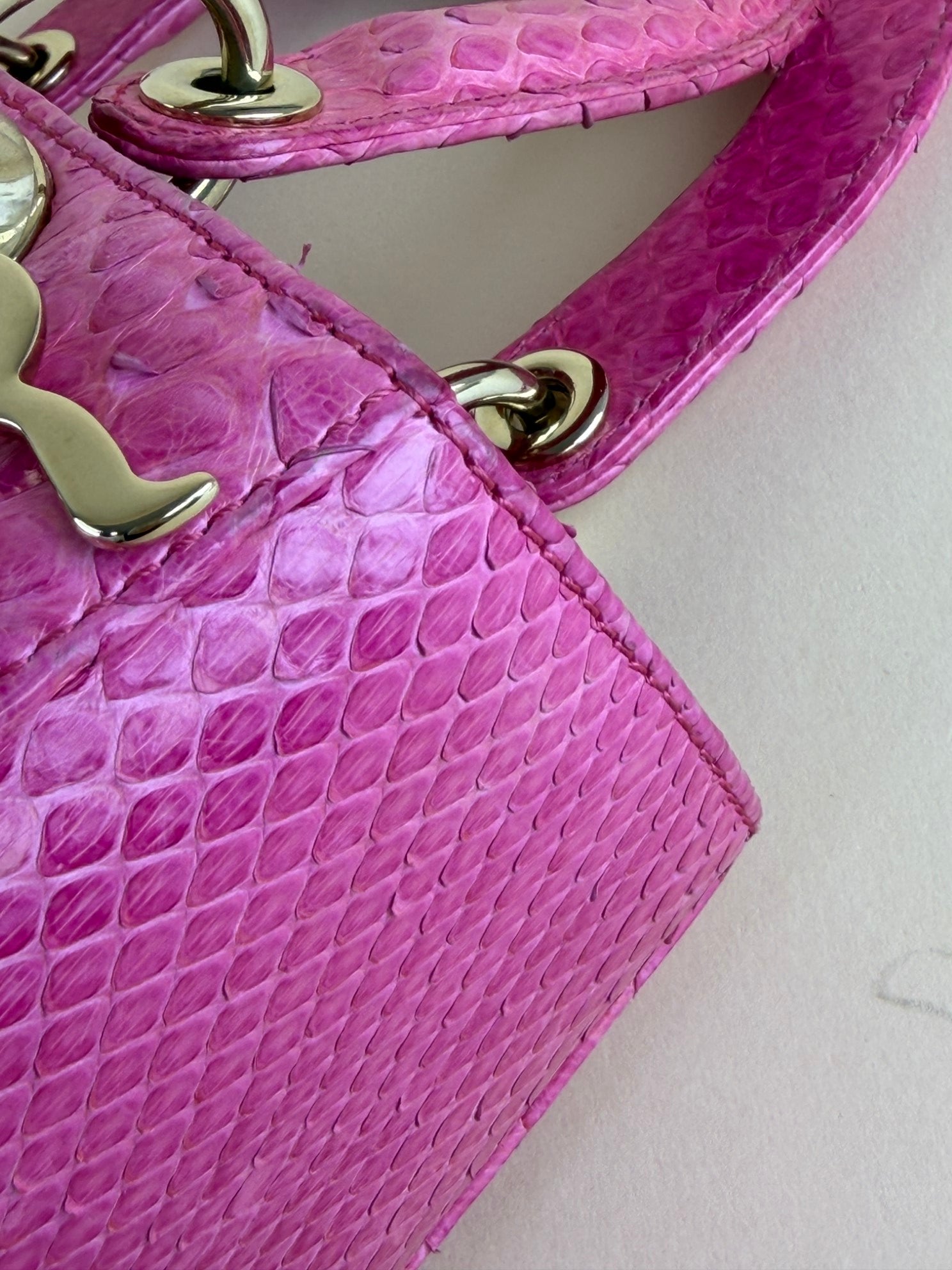 Christian Dior Pink Medium Lady Dior Python Bag with Strap