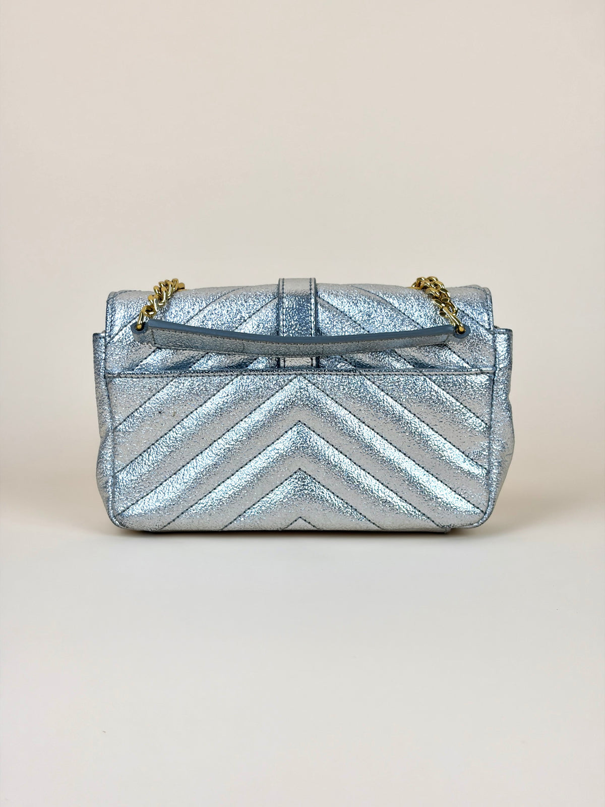YSL silver chevron classic monogram metallic leather