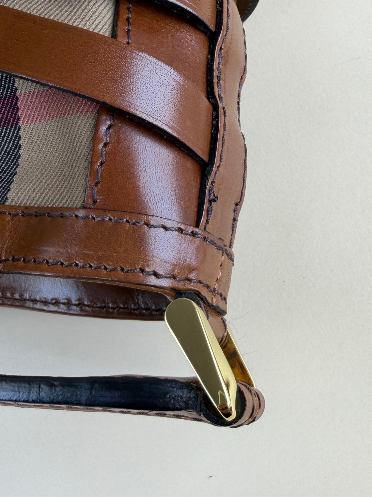 Burberry Camel Dutton Bridle House Check Small Hobo Bag