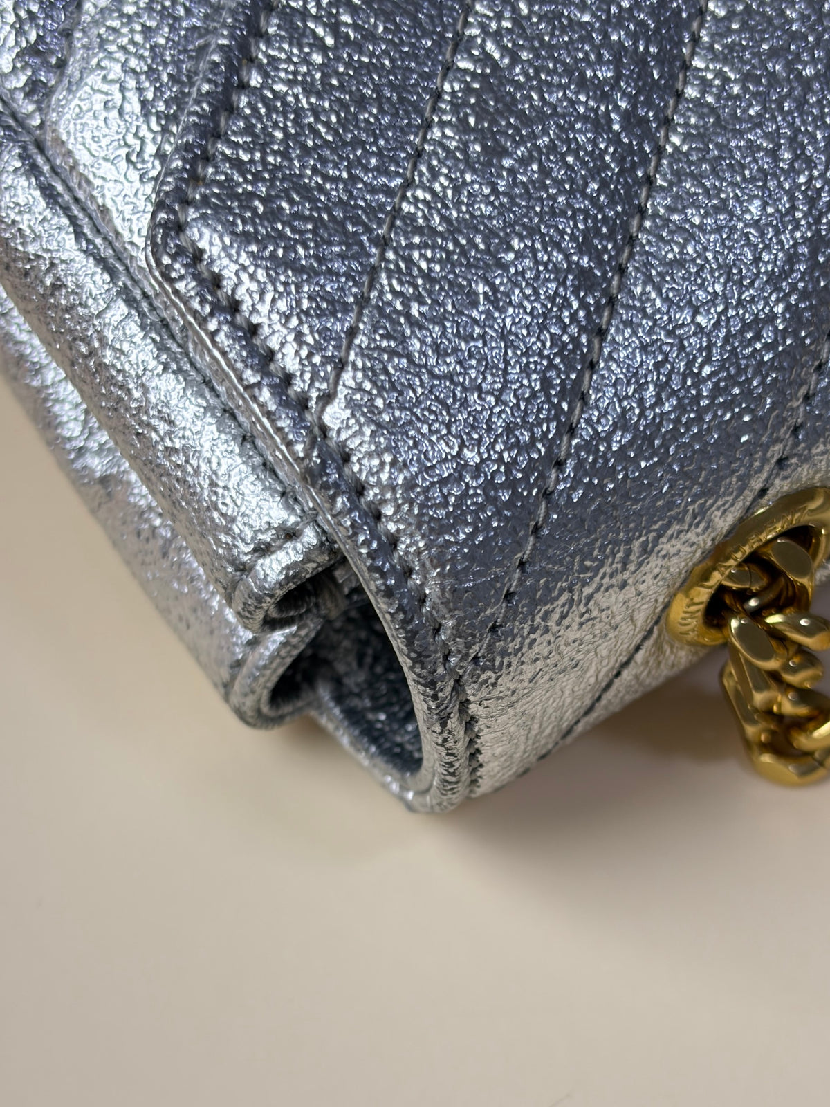 YSL silver chevron classic monogram metallic leather