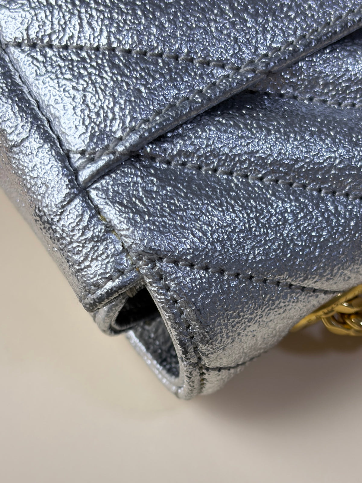 YSL silver chevron classic monogram metallic leather