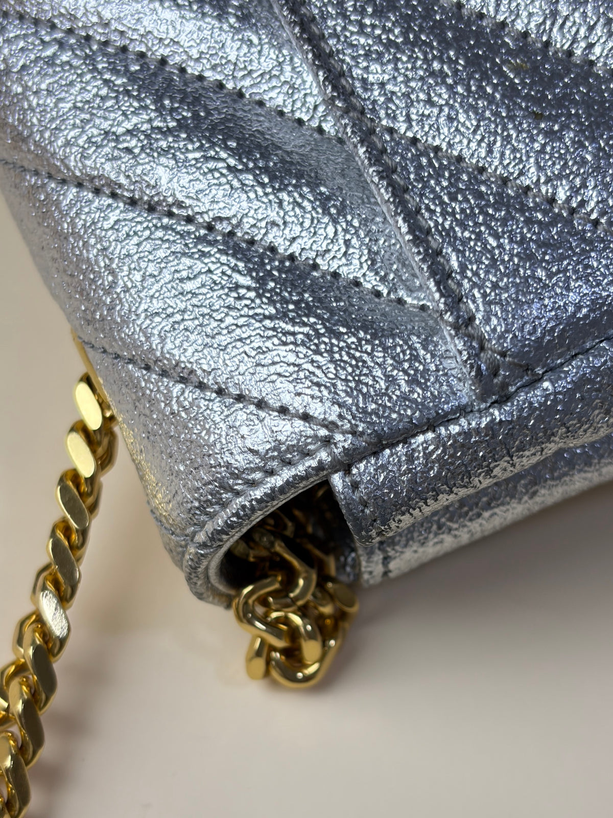 YSL silver chevron classic monogram metallic leather