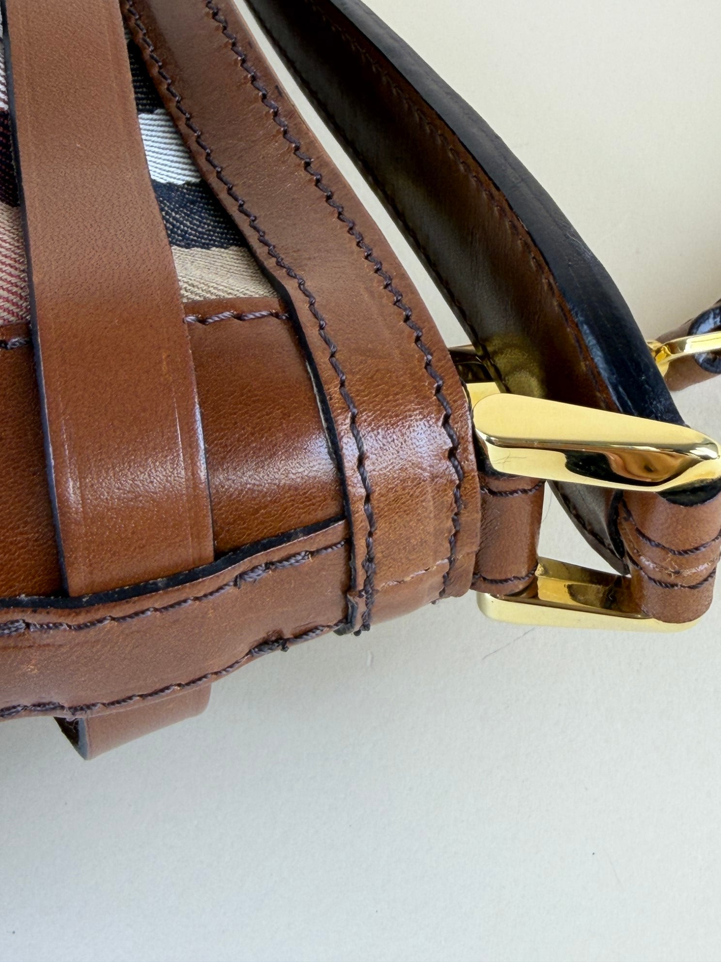 Burberry Camel Dutton Bridle House Check Small Hobo Bag