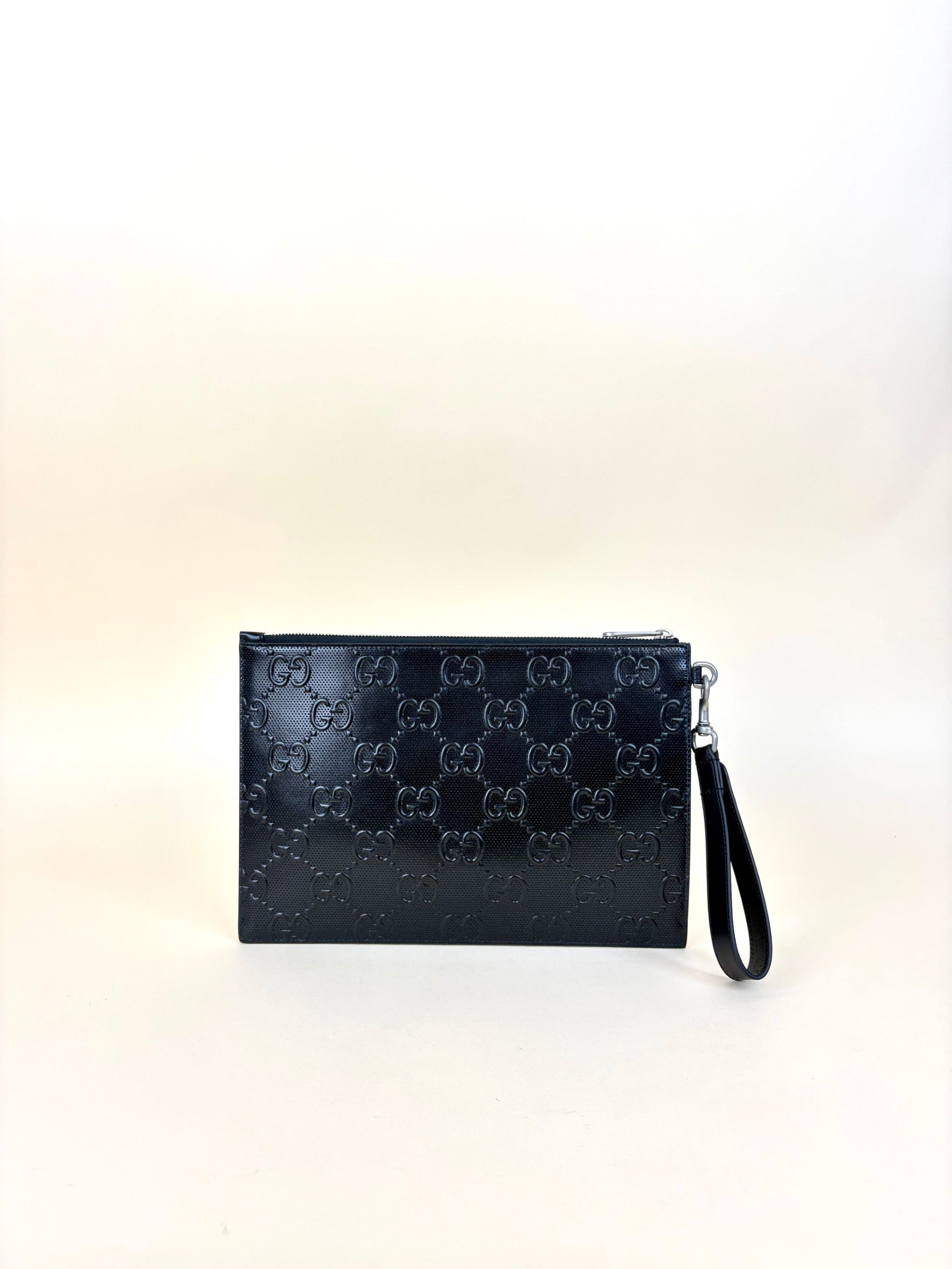 Gucci black Clutch calf skin gg tennis embossed wristlet pouch
