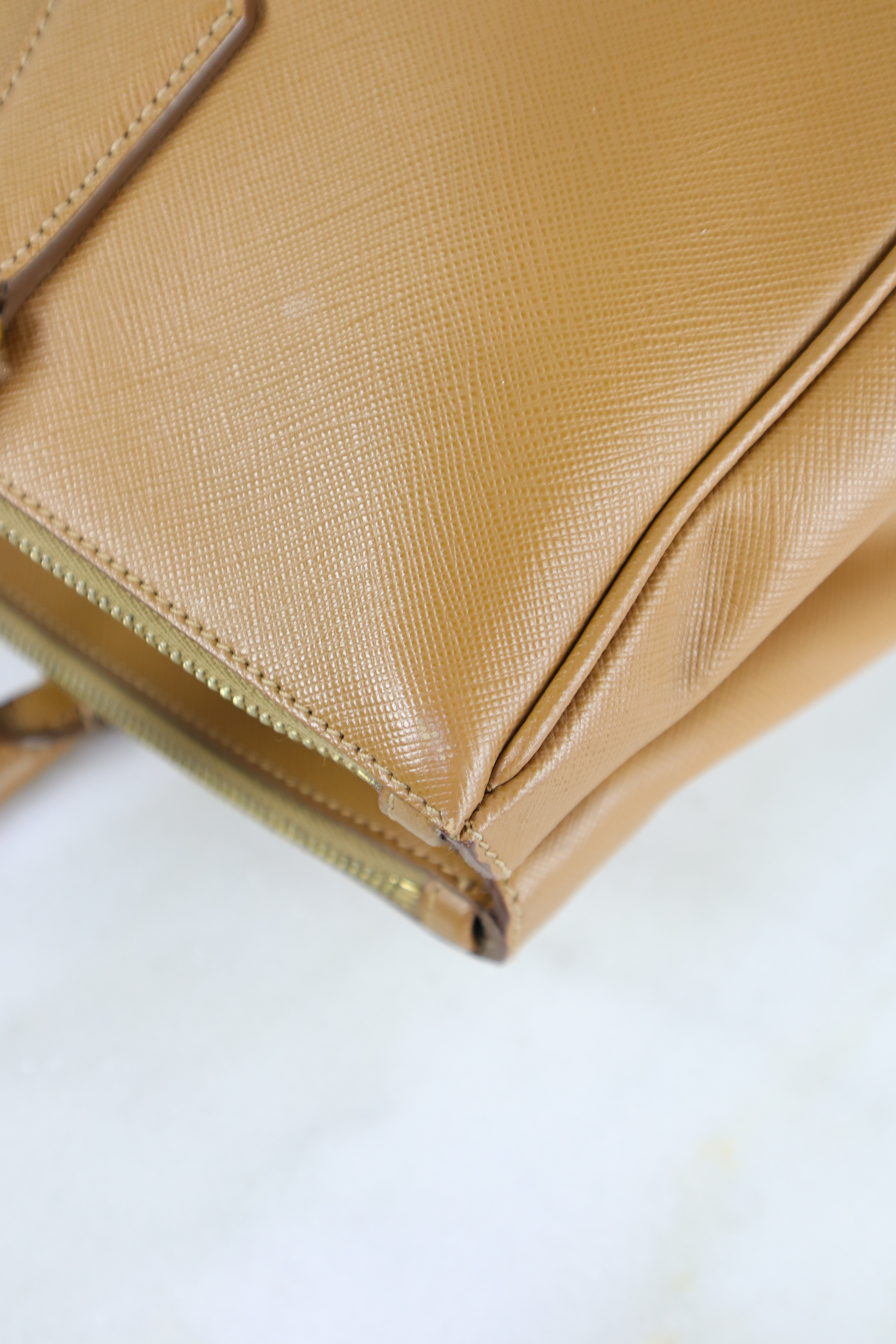 Prada Camel Double Zip Shopping Top Handle Bag