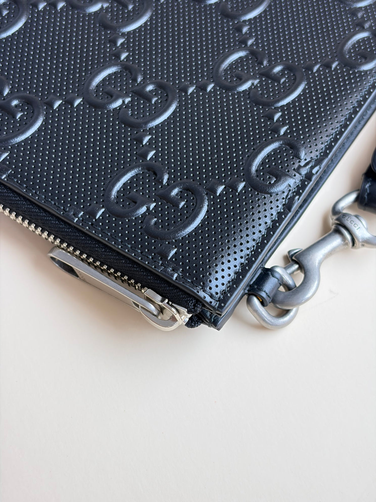 Gucci black Clutch calf skin gg tennis embossed wristlet pouch