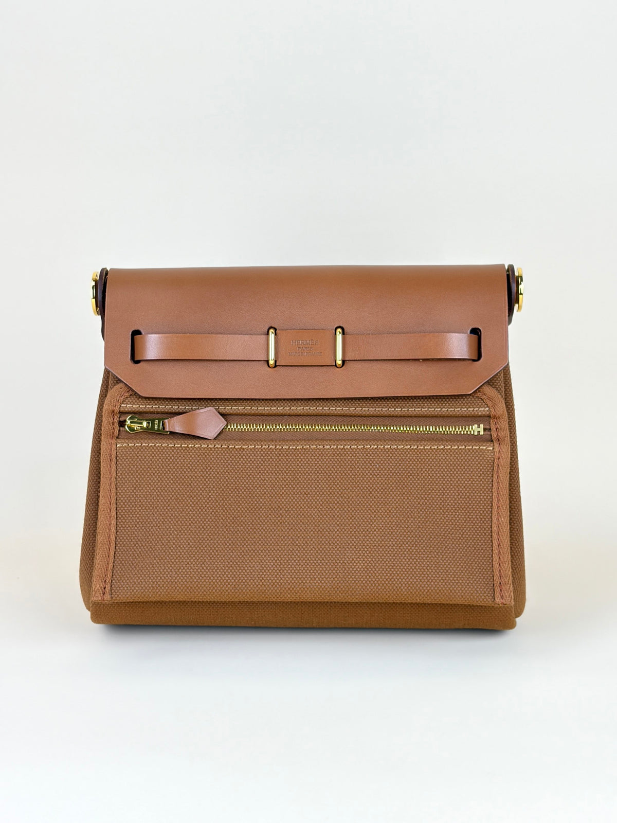 Hermes gold/fauve canvas Vache hunter leather herbag zip20mini bag