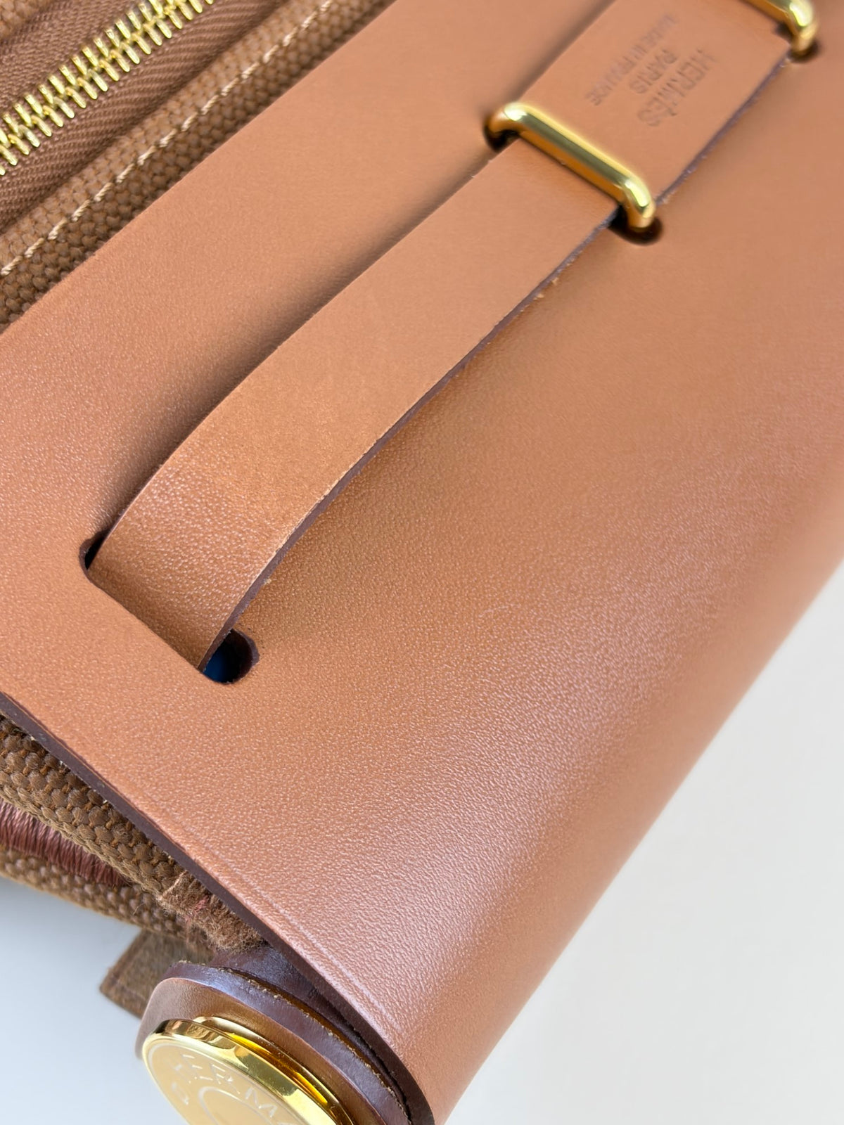 Hermes gold/fauve canvas Vache hunter leather herbag zip20mini bag
