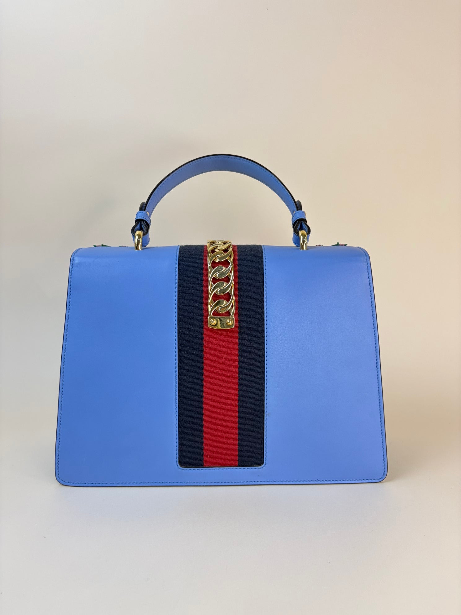 Gucci Blue Floral Embroidered Medium Sylvie Top Handle Bag with Strap