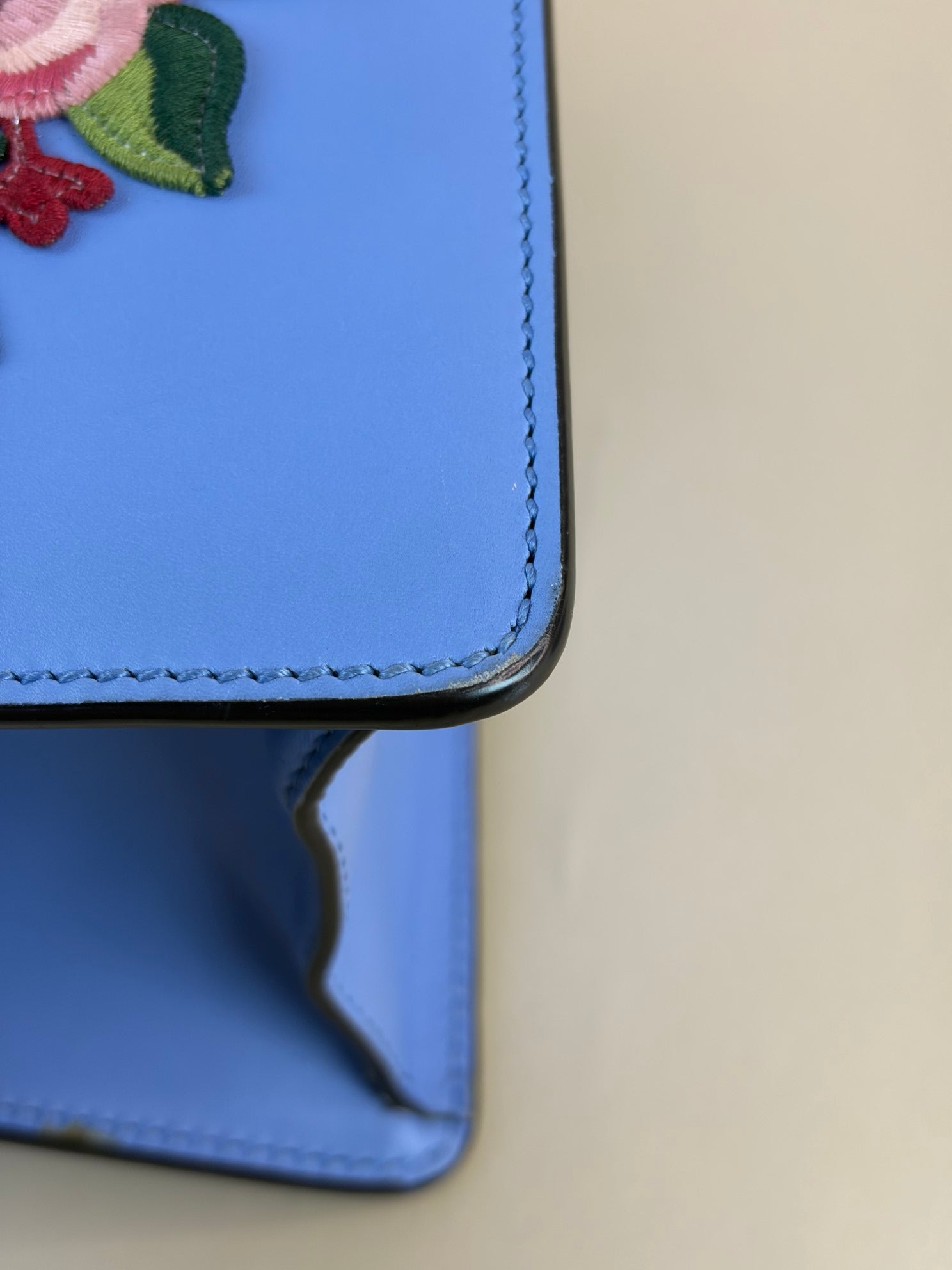 Gucci Blue Floral Embroidered Medium Sylvie Top Handle Bag with Strap