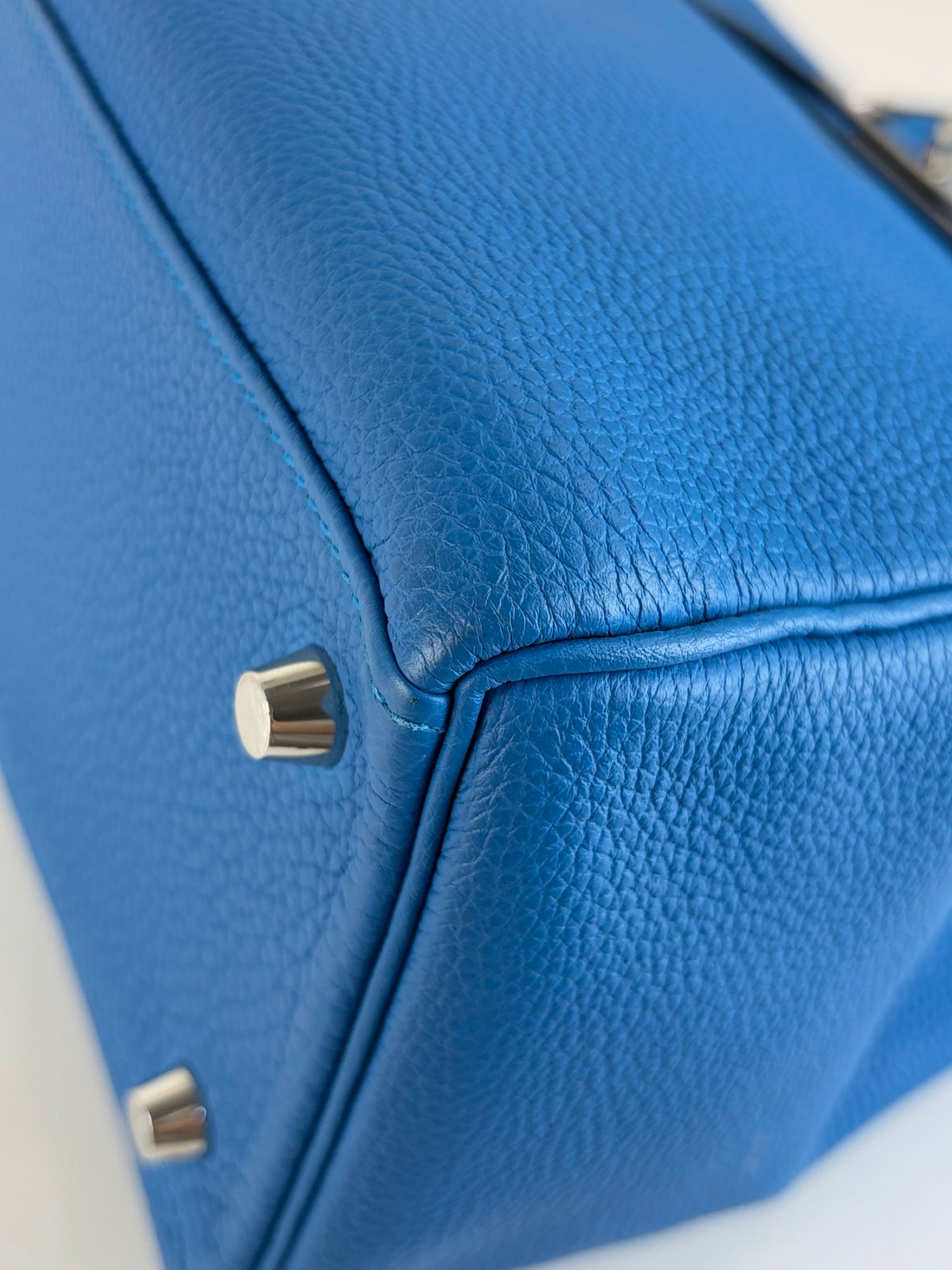 Hermes blue hydra togo leather kelly 28 tote bag
