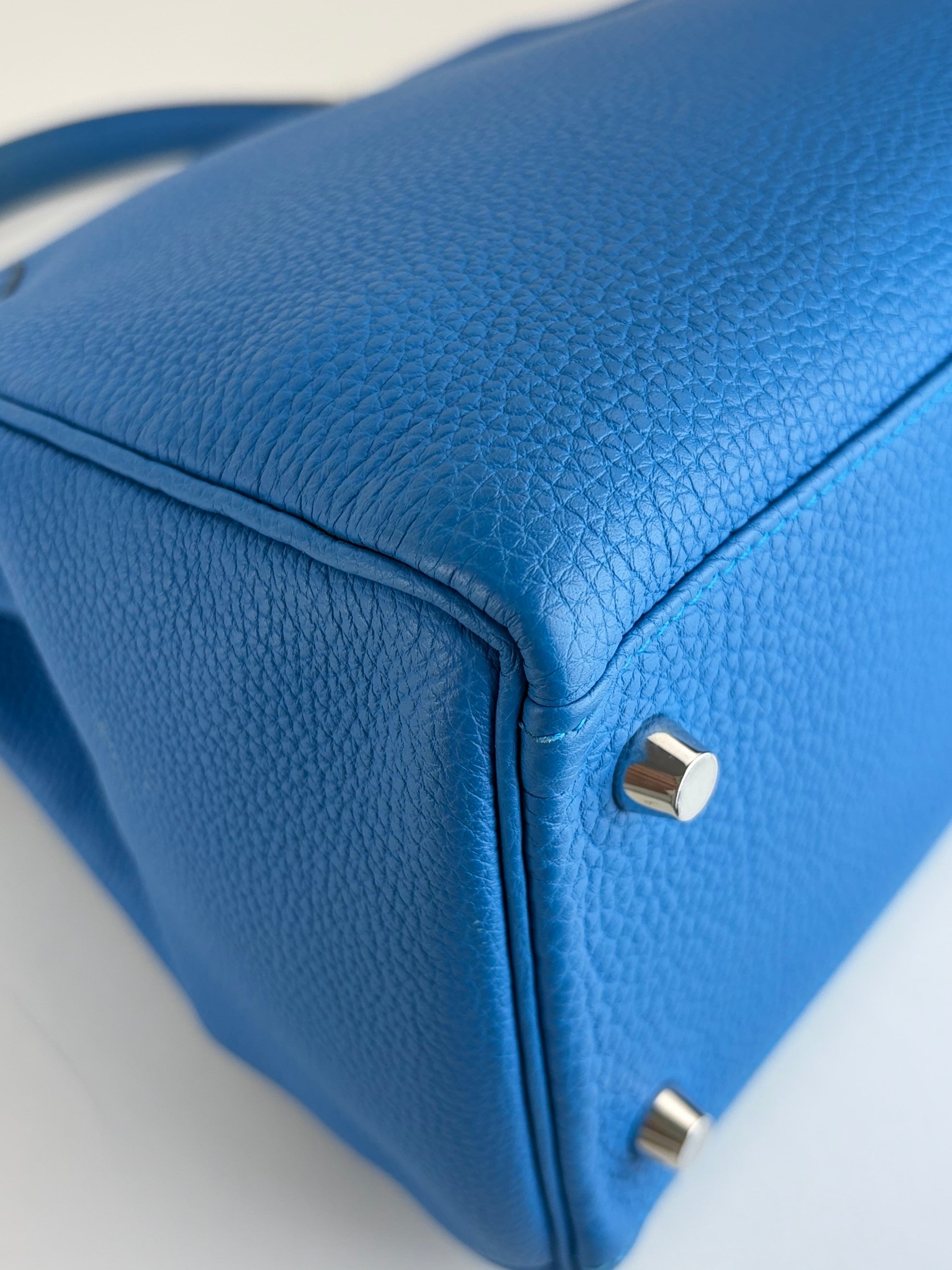 Hermes blue hydra togo leather kelly 28 tote bag