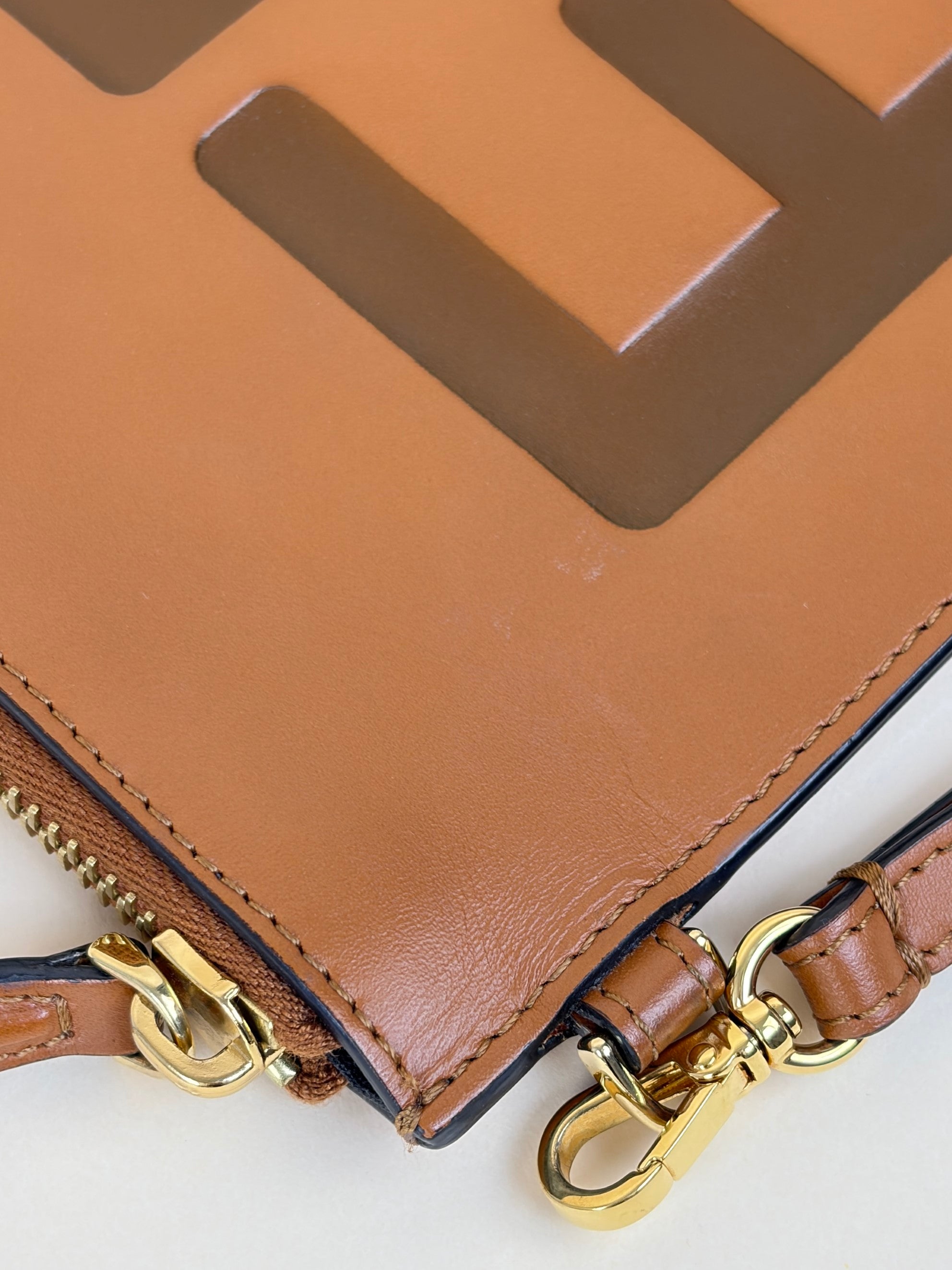 Fendi Camel Vitello King Fendi Roma Logo Embossed Flat Large Pouch