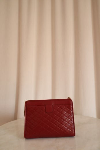 YSL Red Monogram Quilted Lambskin Victoire Chain Clutch Bag