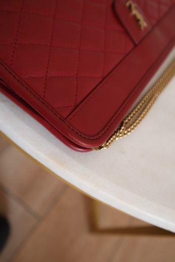 YSL Red Monogram Quilted Lambskin Victoire Chain Clutch Bag