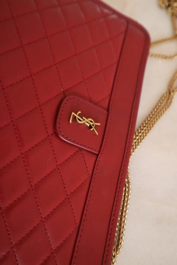 YSL Red Monogram Quilted Lambskin Victoire Chain Clutch Bag