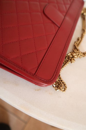 YSL Red Monogram Quilted Lambskin Victoire Chain Clutch Bag