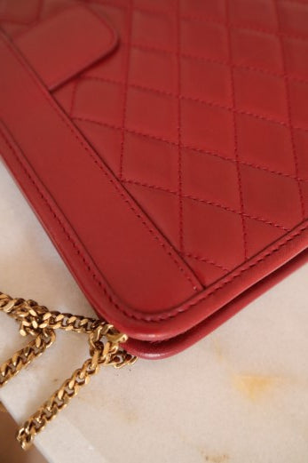 YSL Red Monogram Quilted Lambskin Victoire Chain Clutch Bag