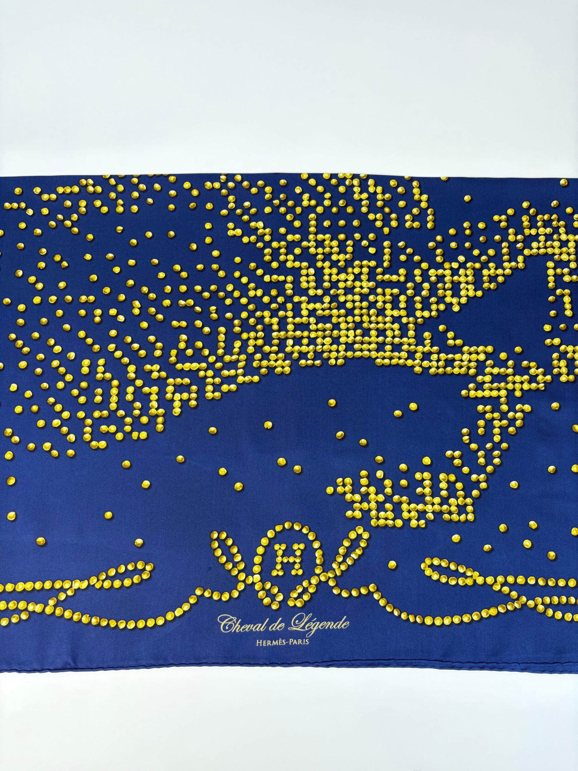 Hermes navy blue/gold Chevel de legend silk square scarf