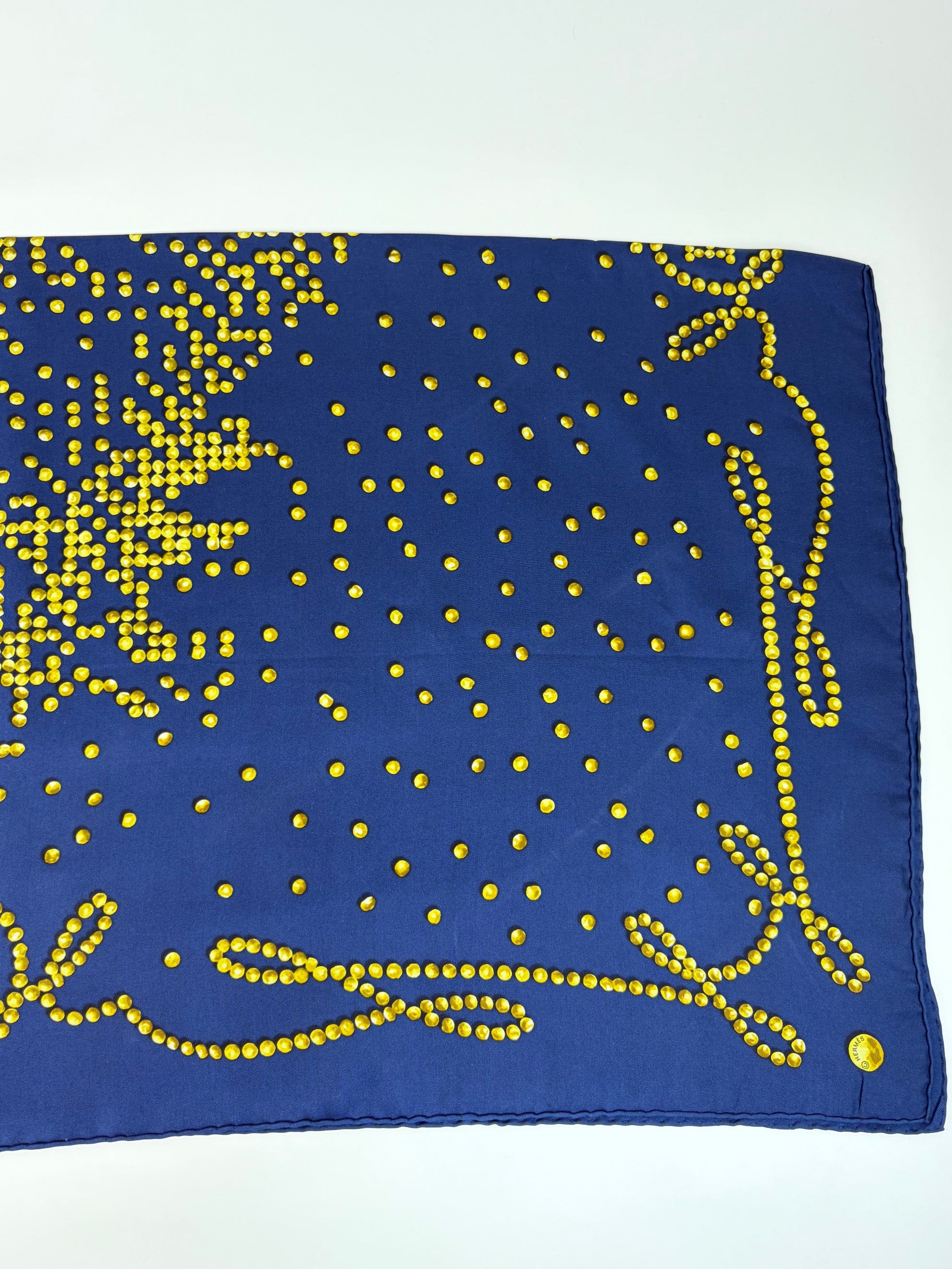 Hermes navy blue/gold Chevel de legend silk square scarf