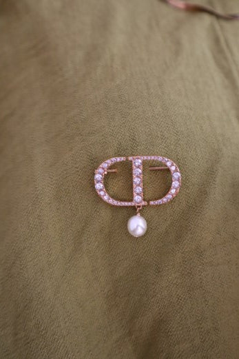 Christian Dior White CD Crystal Pearl Brooch