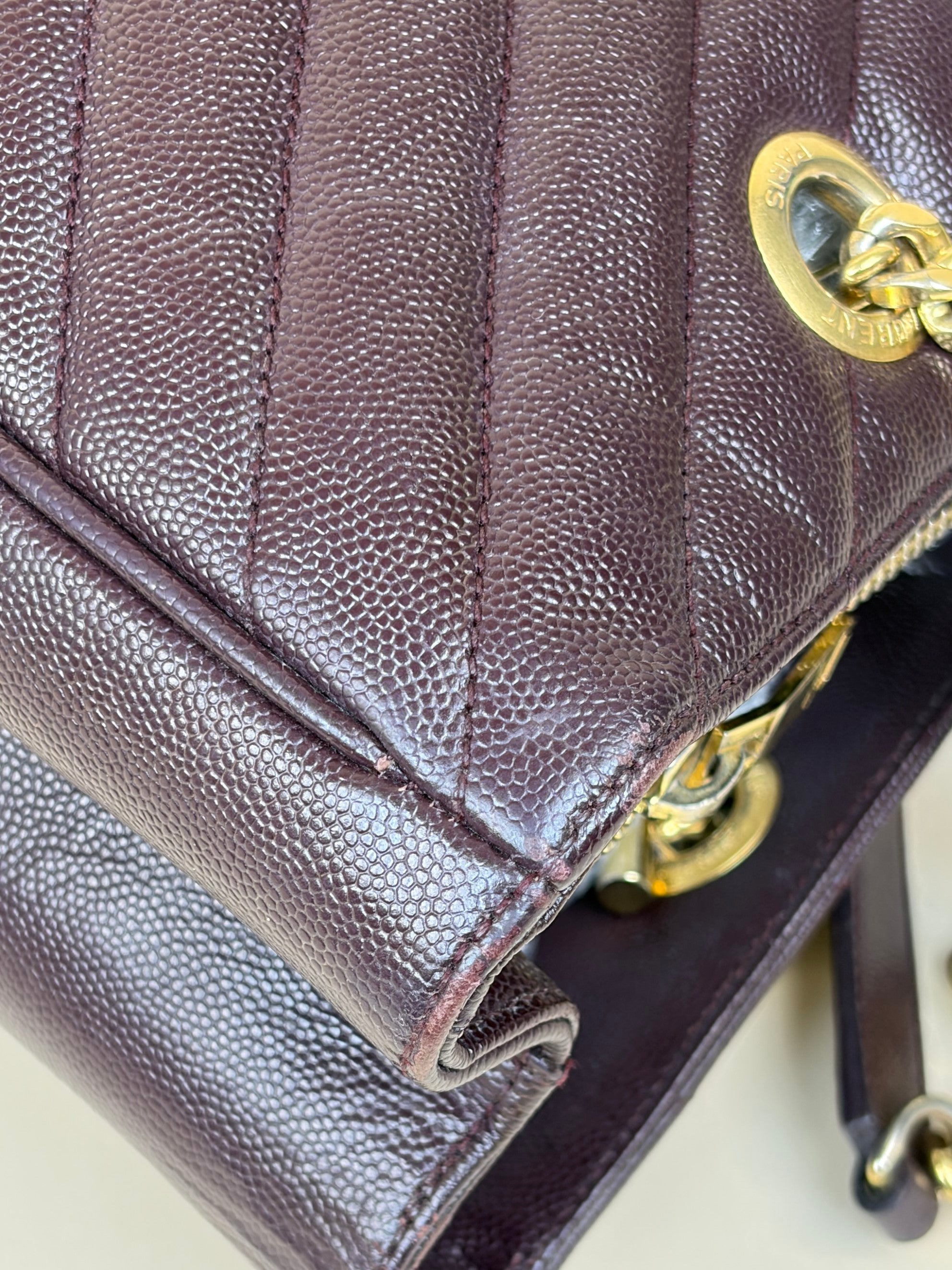 YSL Burgundy Chevron Quilted Cassandre Monogram Shopper Bag