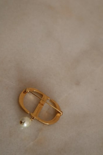 Christian Dior White CD Crystal Pearl Brooch