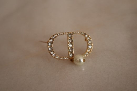 Christian Dior White CD Crystal Pearl Brooch