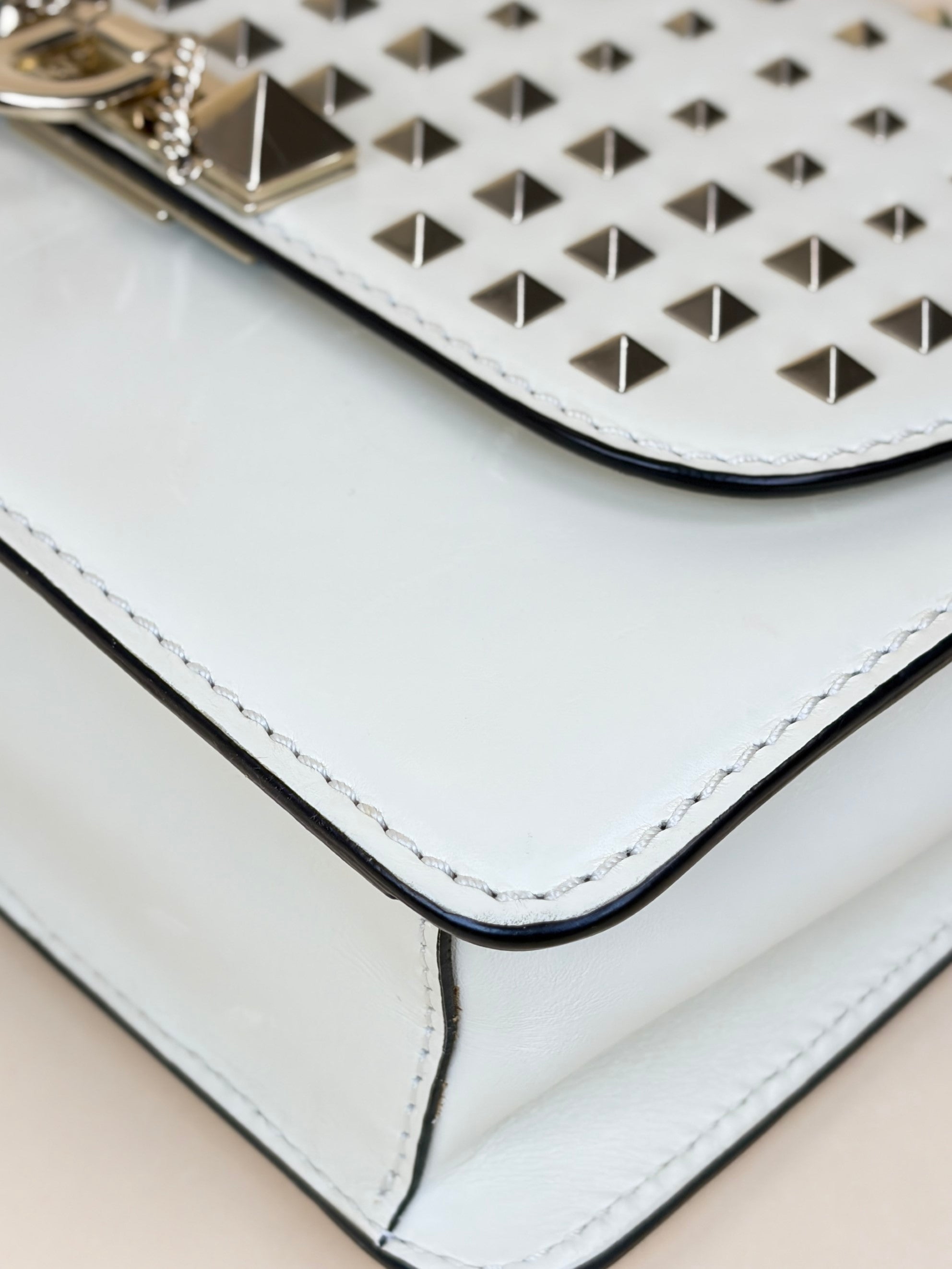 Valentino Light Ivory Vitello Small Rockstud All Over Demilune Shoulder Bag