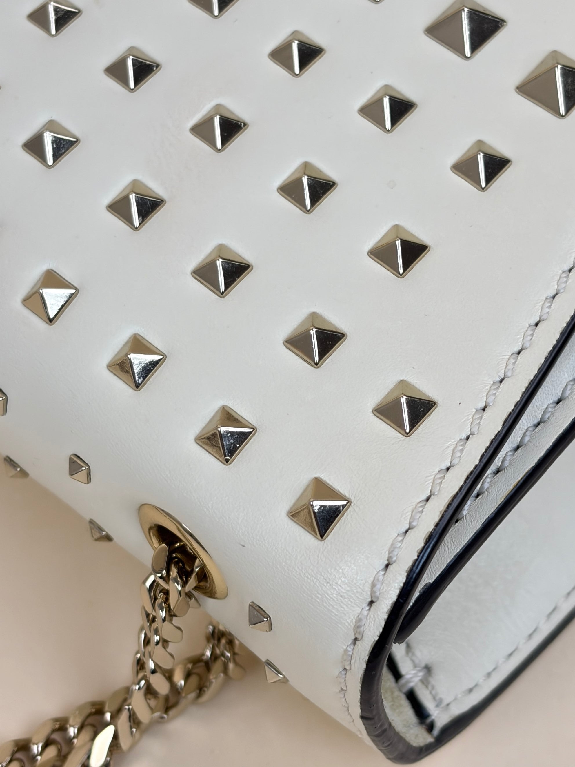 Valentino Light Ivory Vitello Small Rockstud All Over Demilune Shoulder Bag