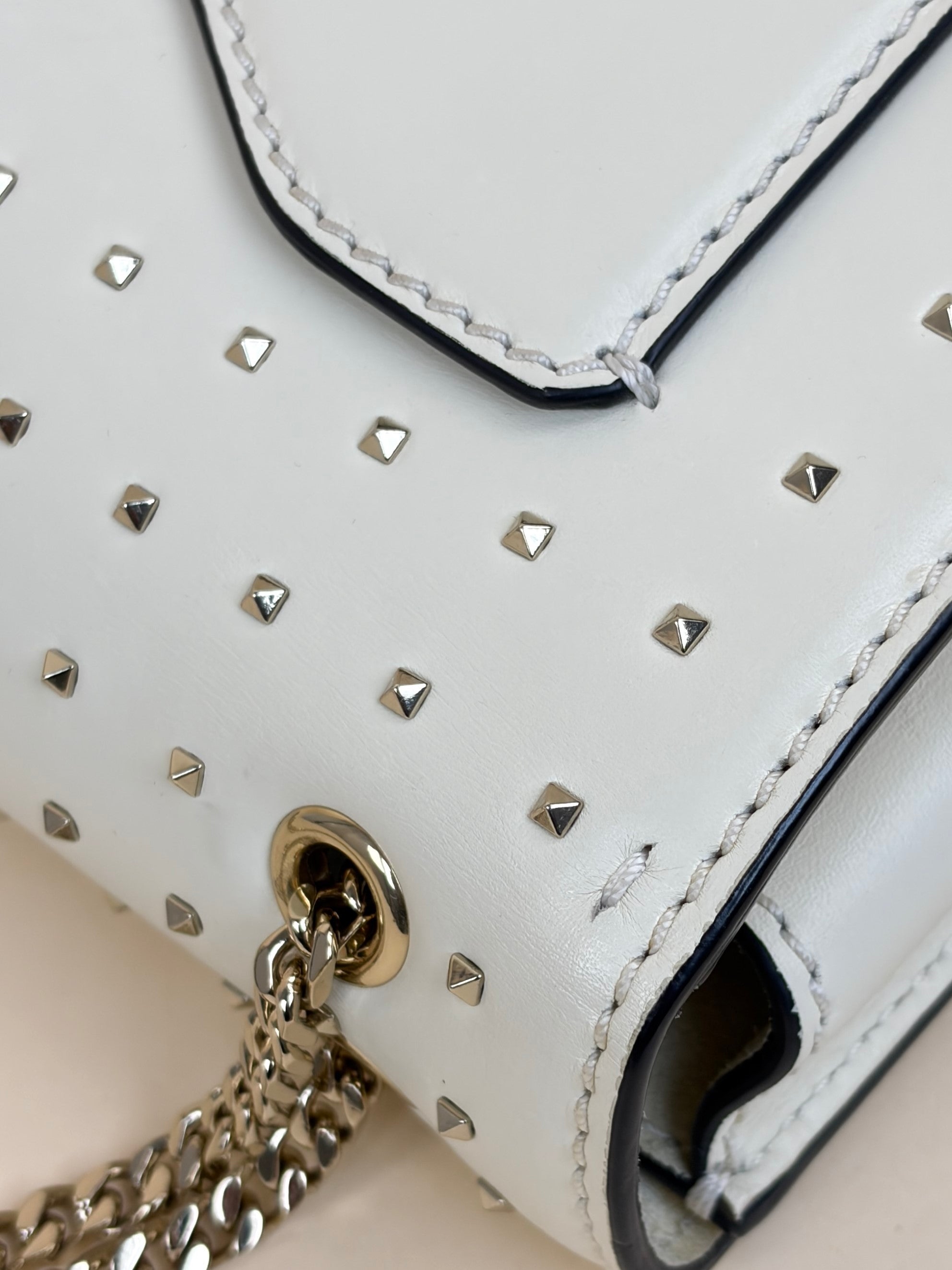 Valentino Light Ivory Vitello Small Rockstud All Over Demilune Shoulder Bag