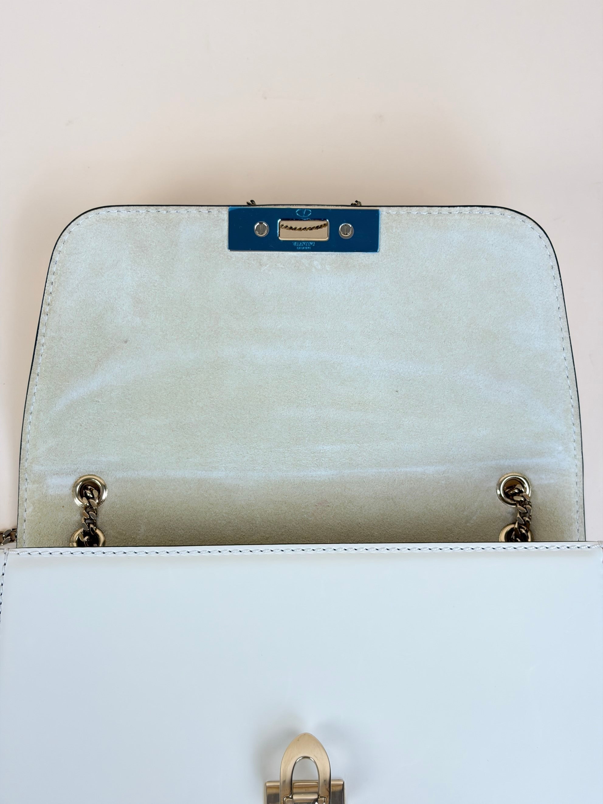 Valentino Light Ivory Vitello Small Rockstud All Over Demilune Shoulder Bag