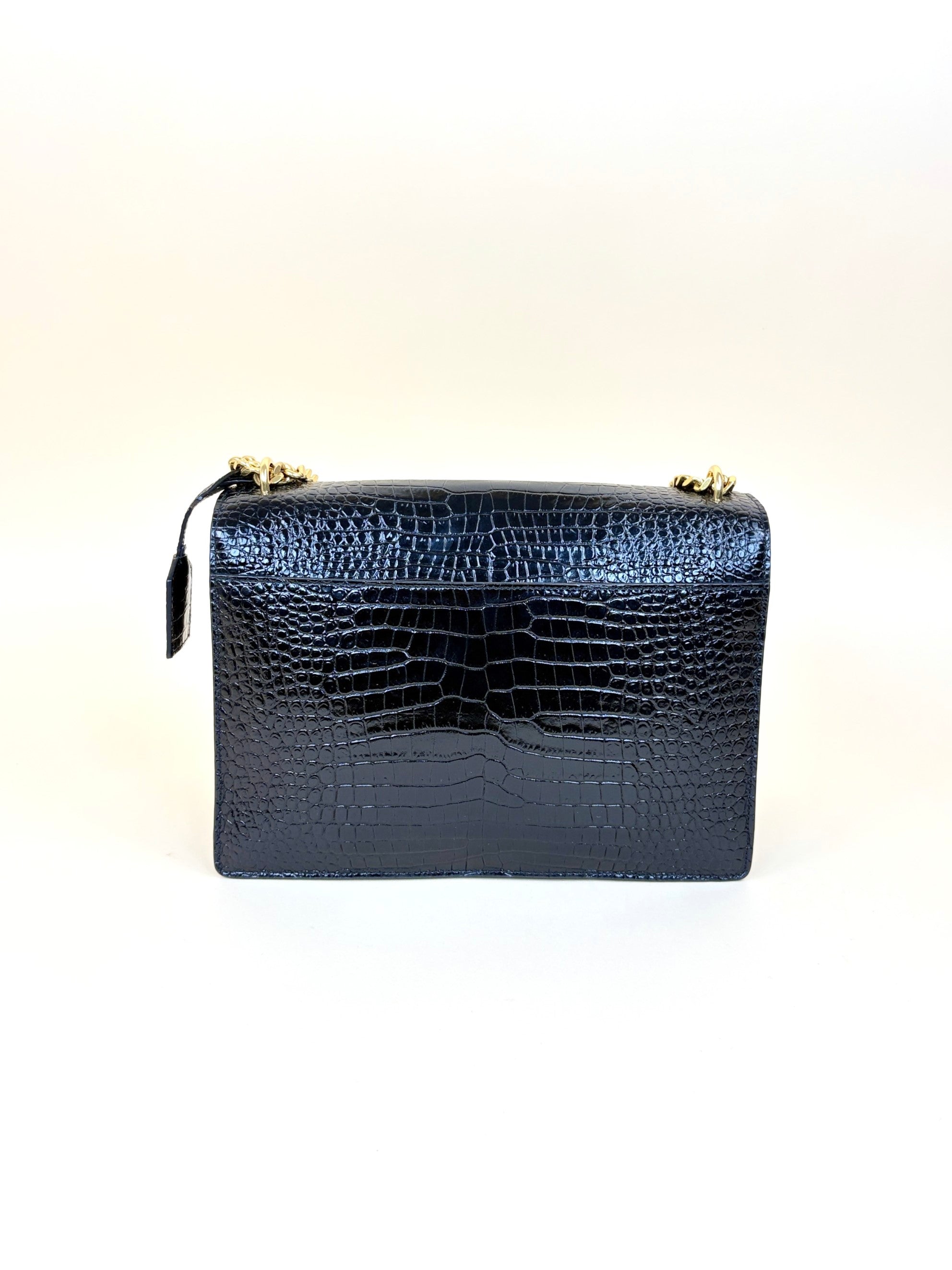 YSL Black Crocodile Embossed Sunset Large Shoulder Bag